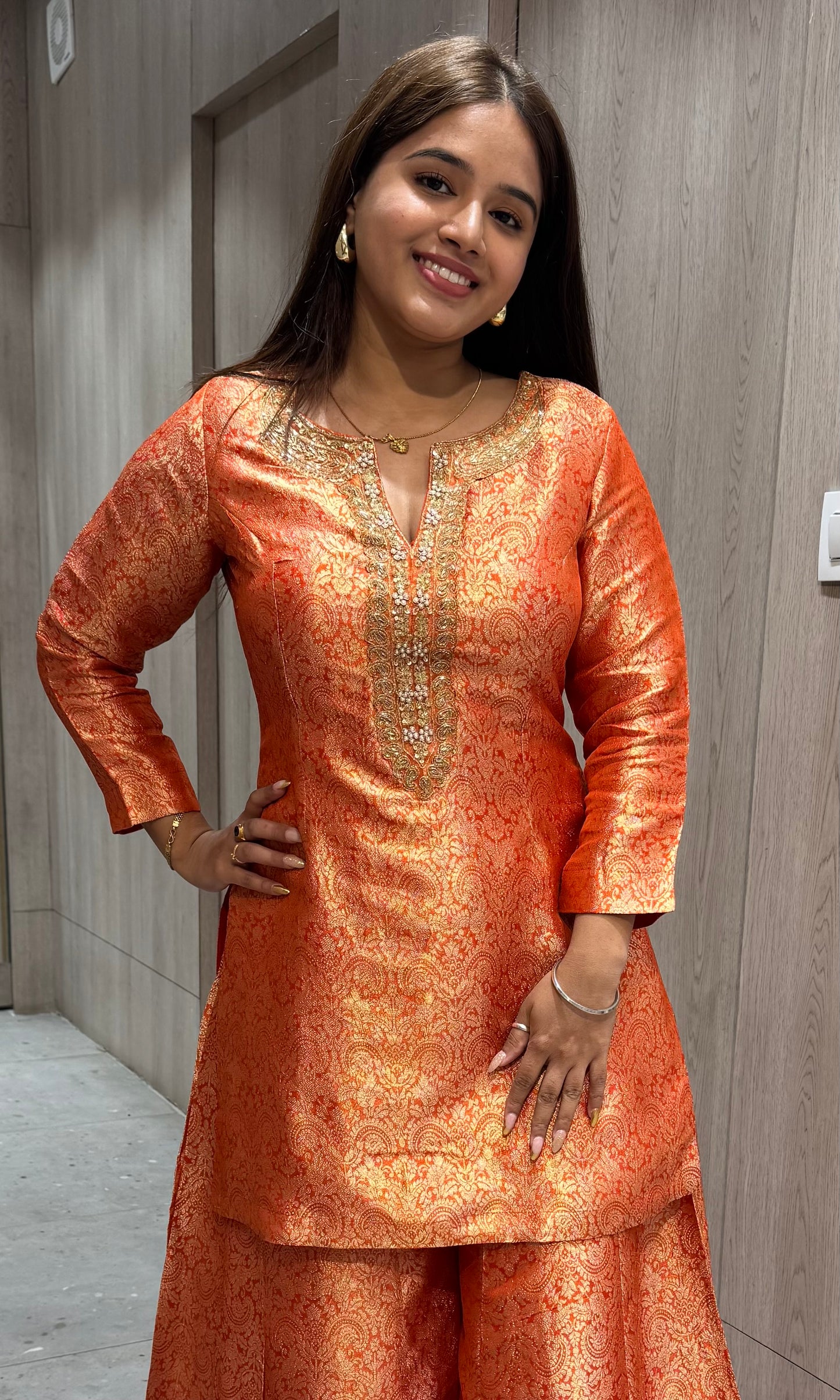 Orange Banaras sharara with short kurti
