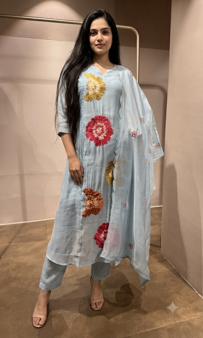 Sky Blue floral printed kurta set