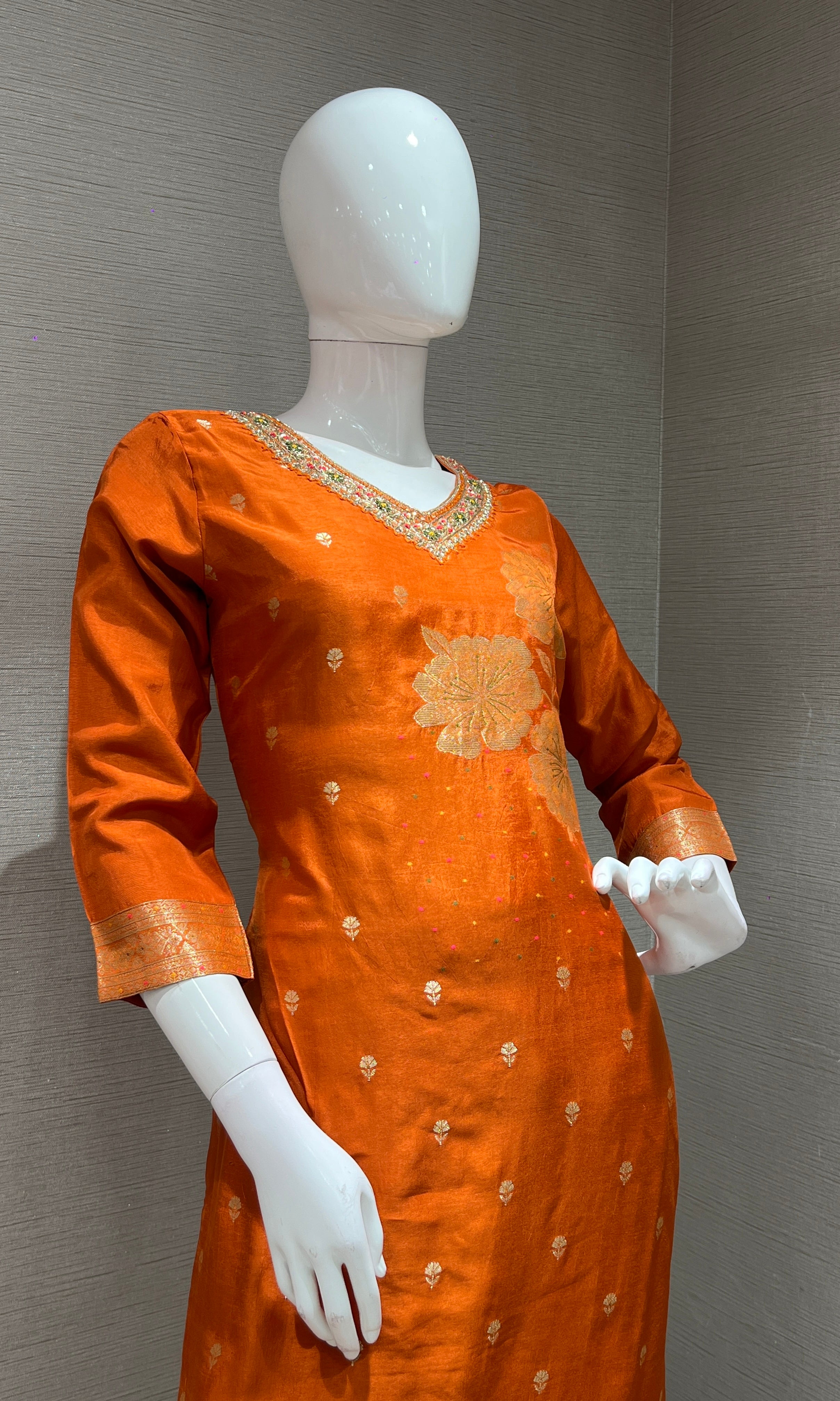 Orange golden floral Kurta Set