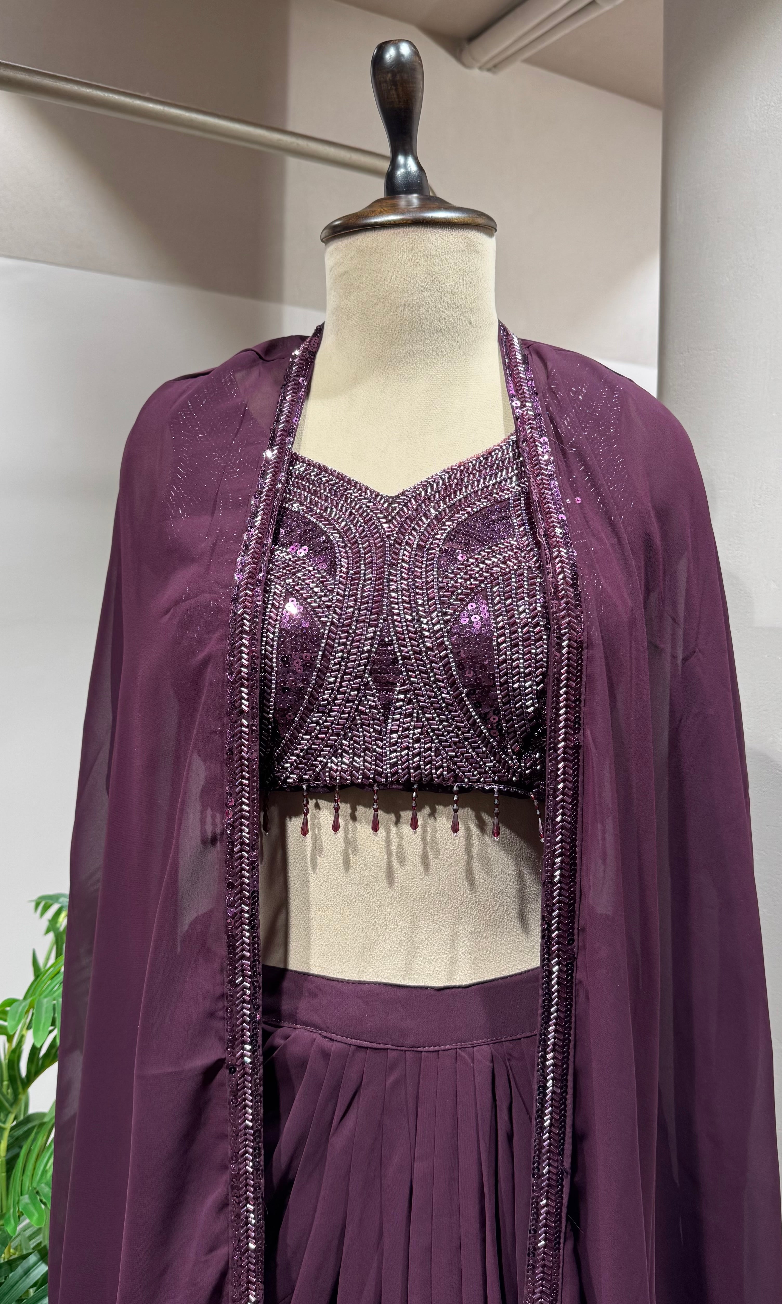 Wine Embellished Drape skirt Set with Flowing Cape