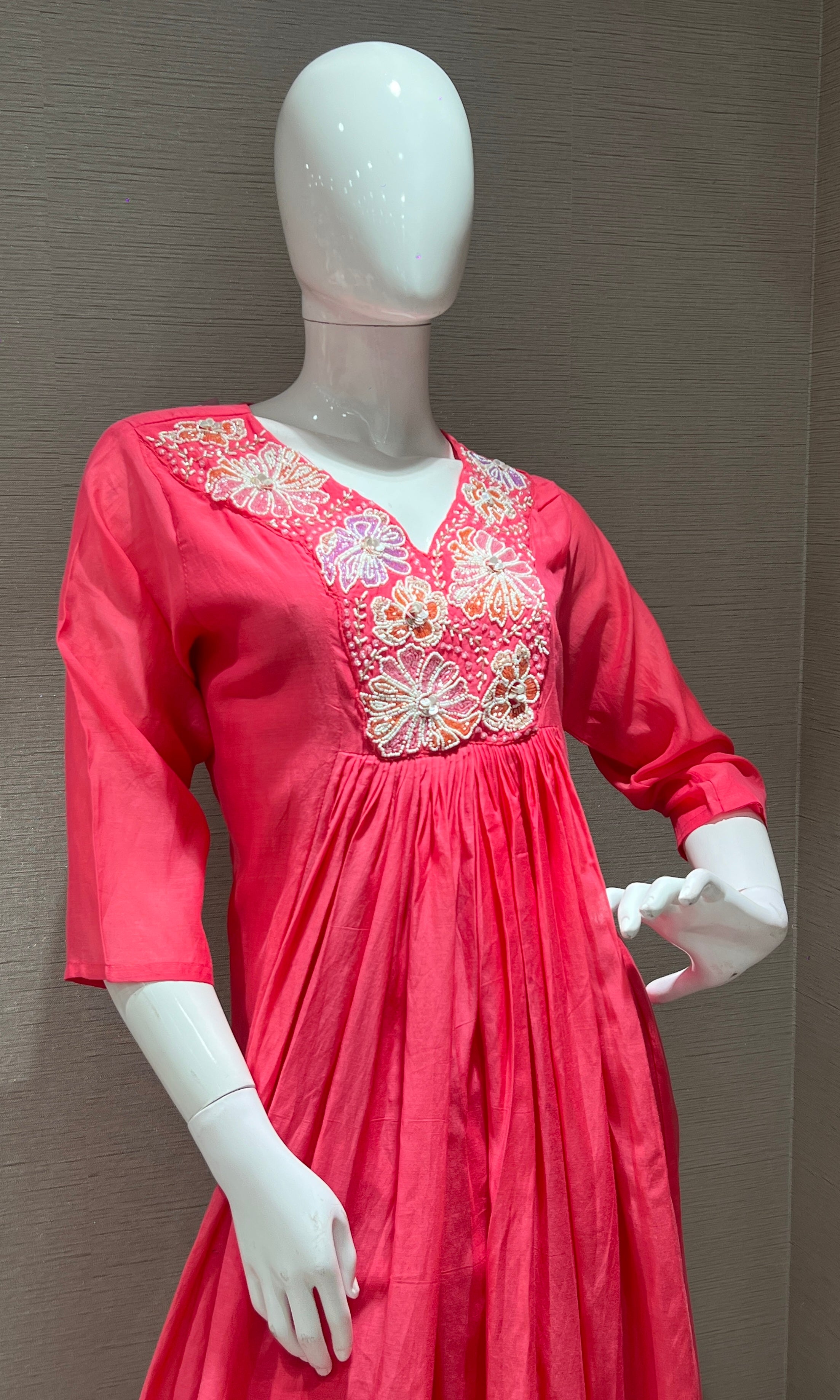 Pink Floral Neckline Kurta Set