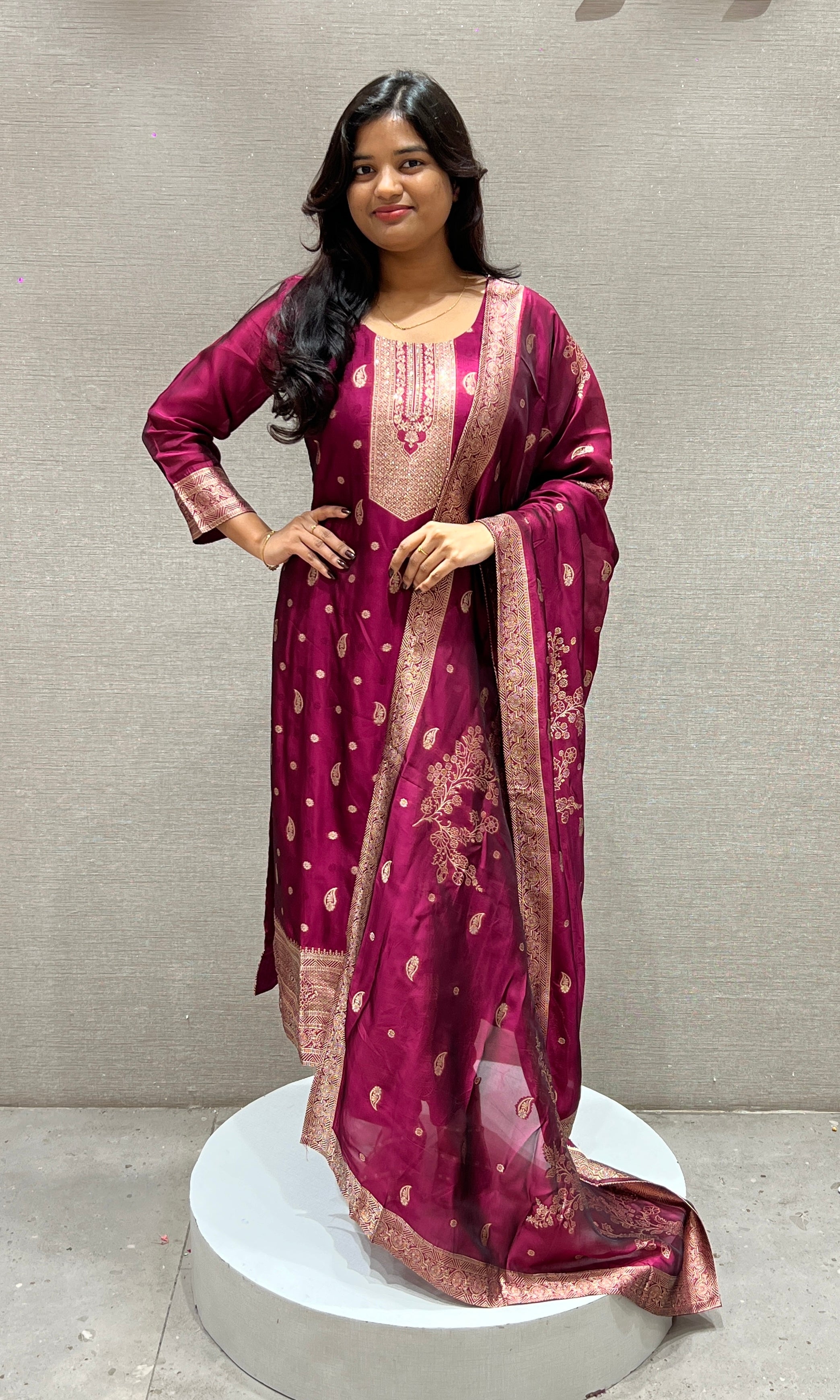 Wine Kurta Set With Gold Embroidery