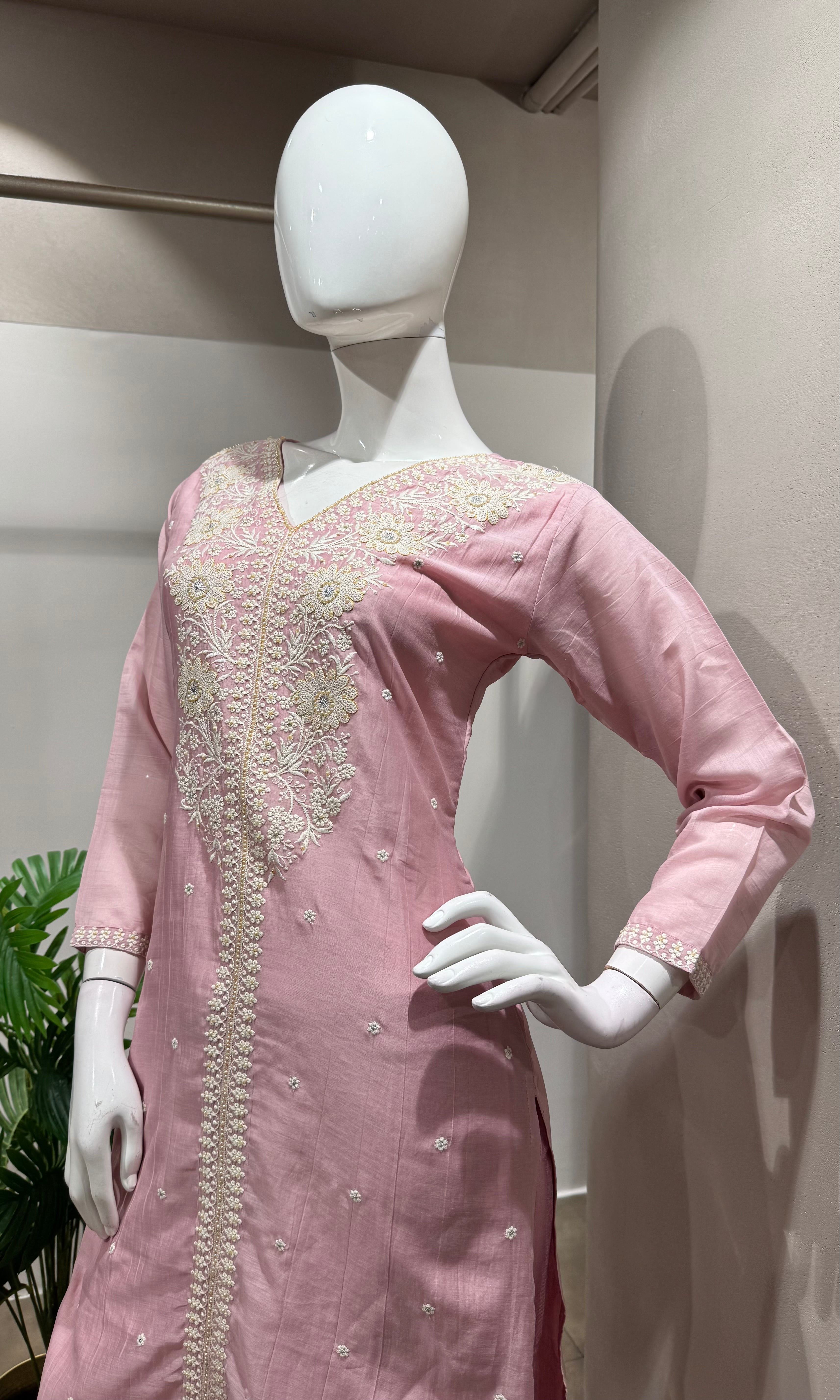 BABY Pink Chanderi Kurta with Floral Cut