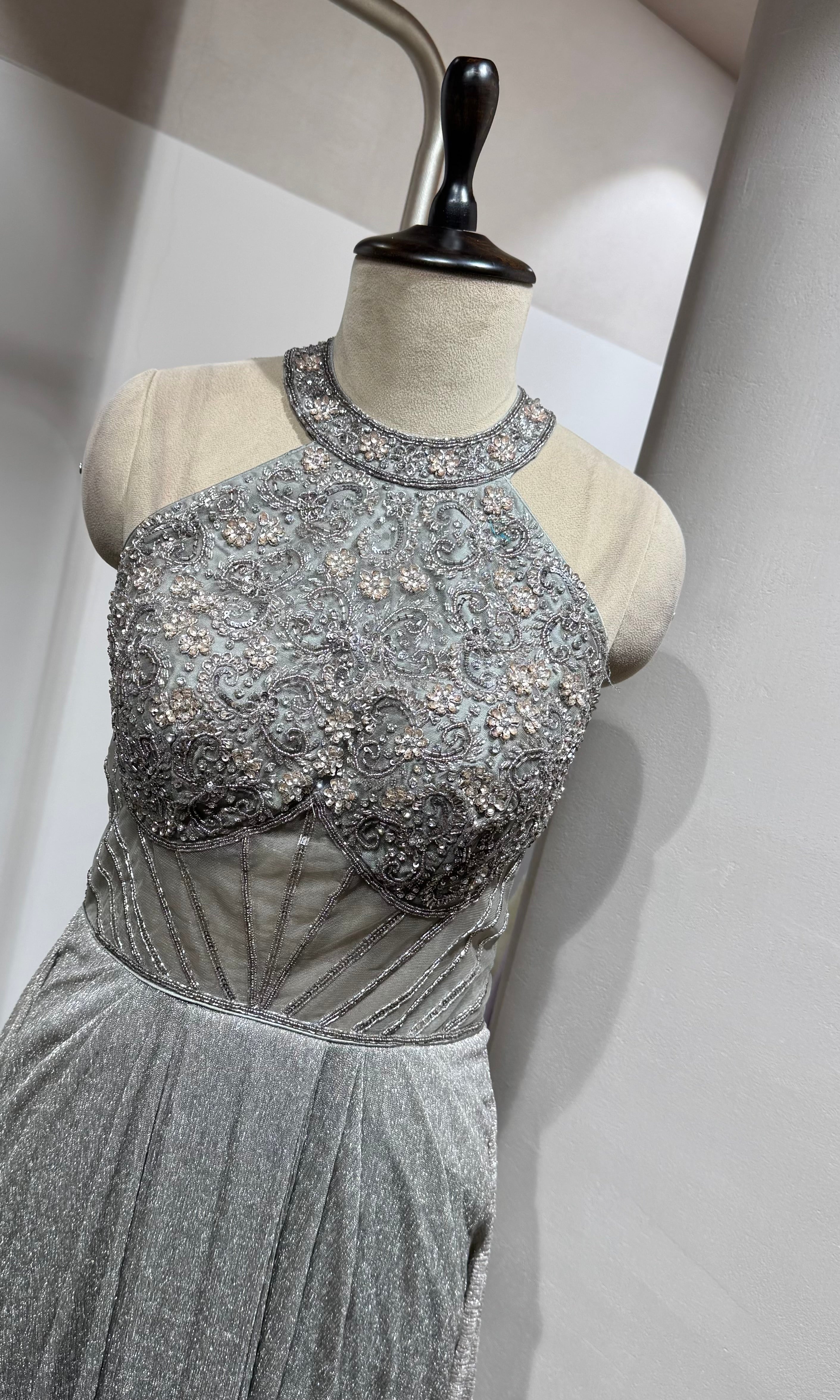 Grey Metallic Shimmer Halter Gown