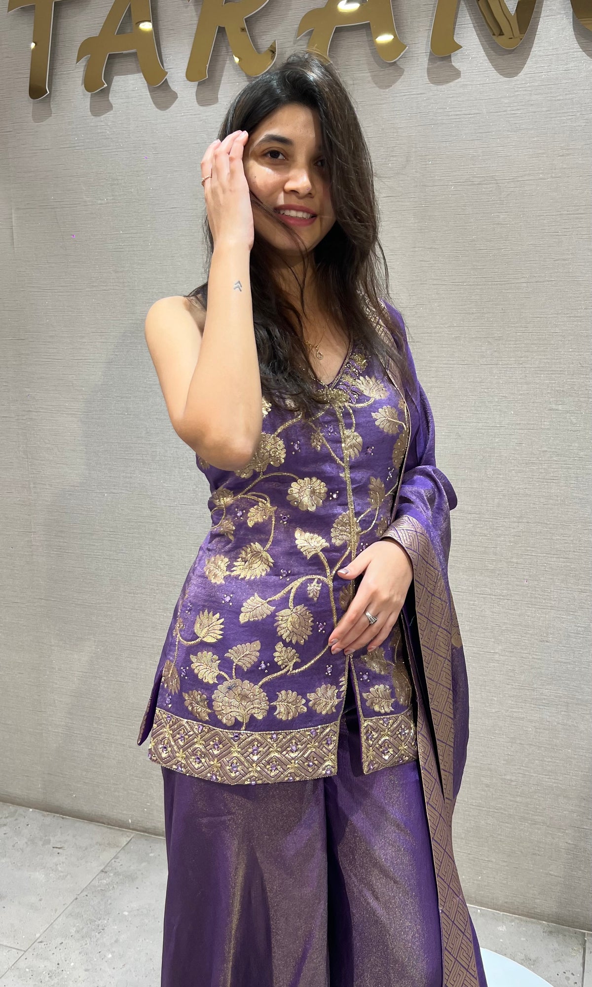 Purple tissue silk Embroidered Peplum Palazzo set