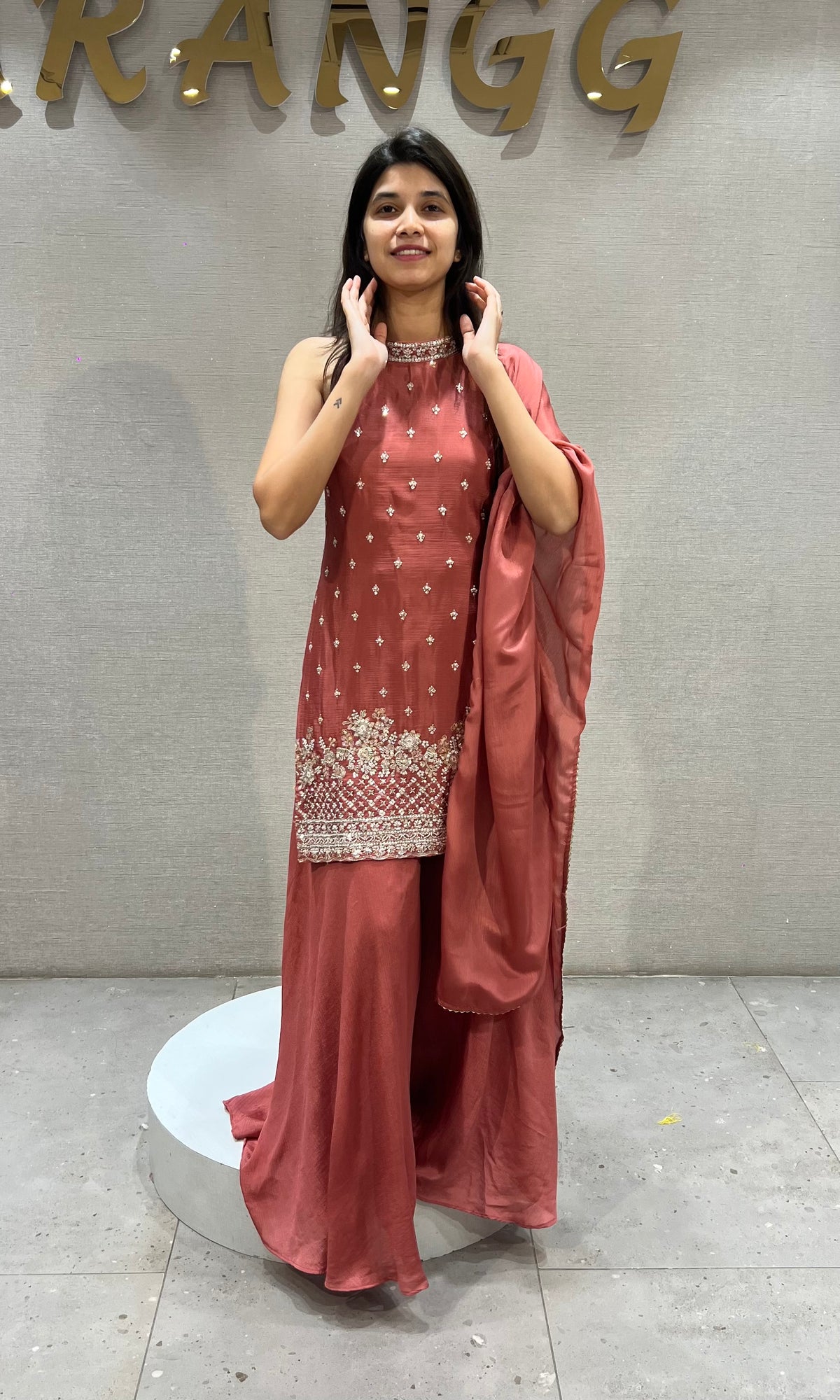 Rust Silk Embroidered Kurta and Palazzo Set