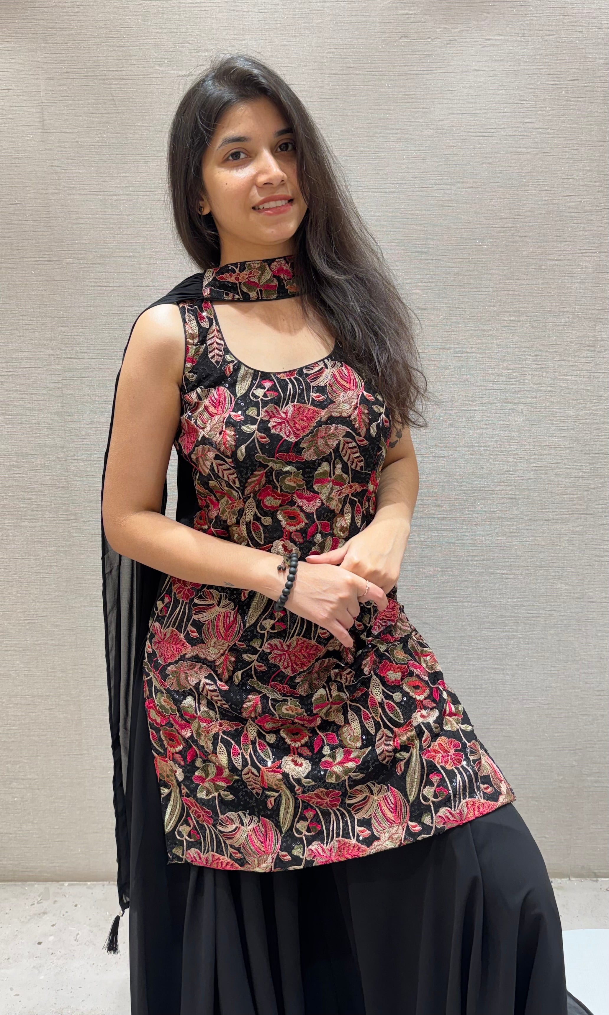 Black FLORAL EMBROIDERED SHARARA SET