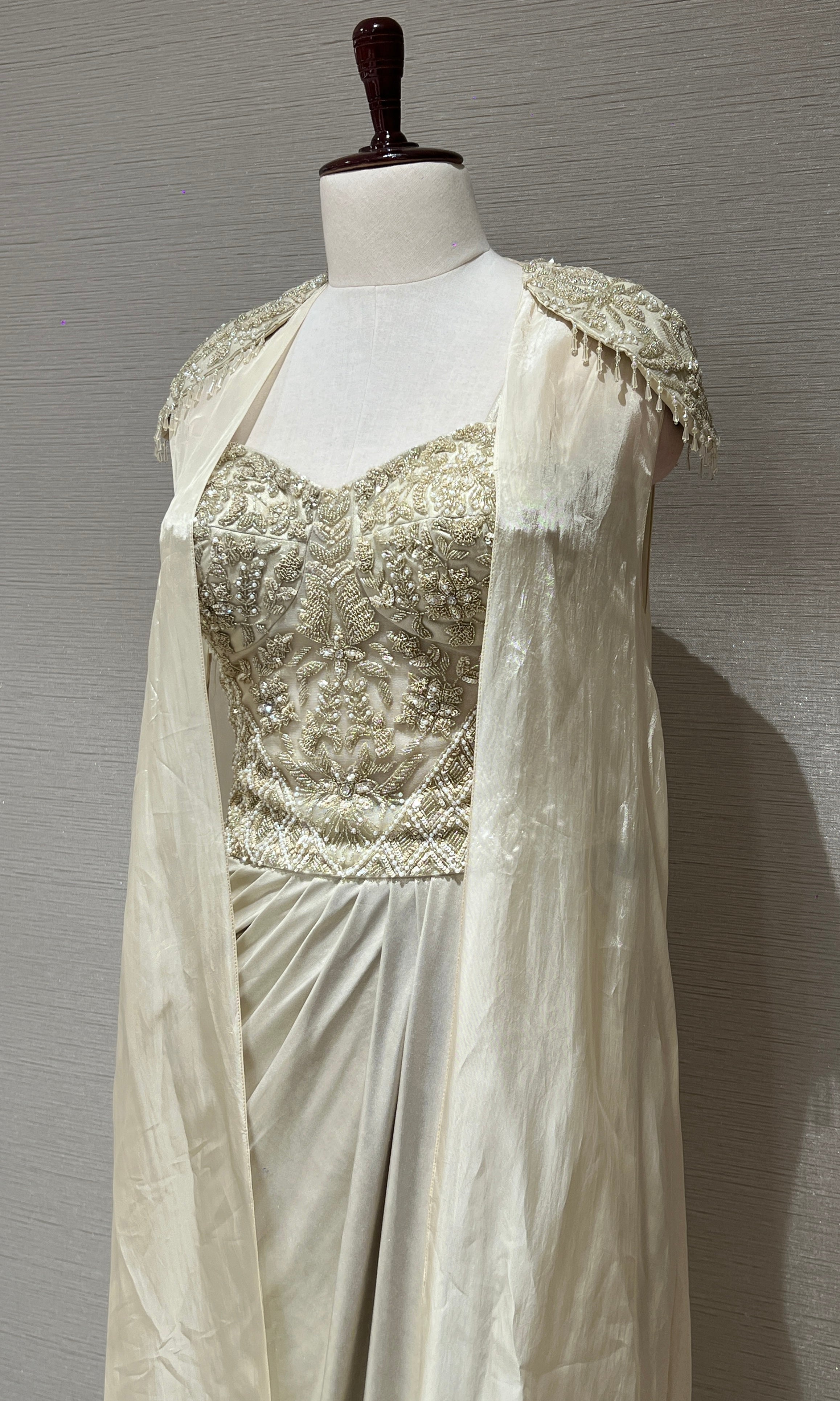 Ivory cape skirt With Sequin and Pearl Blouse