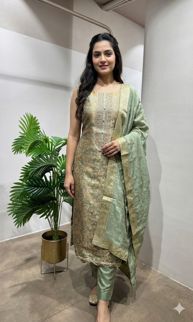 PISTA GREEN BANARASI SILK DRESS MATERIAL
