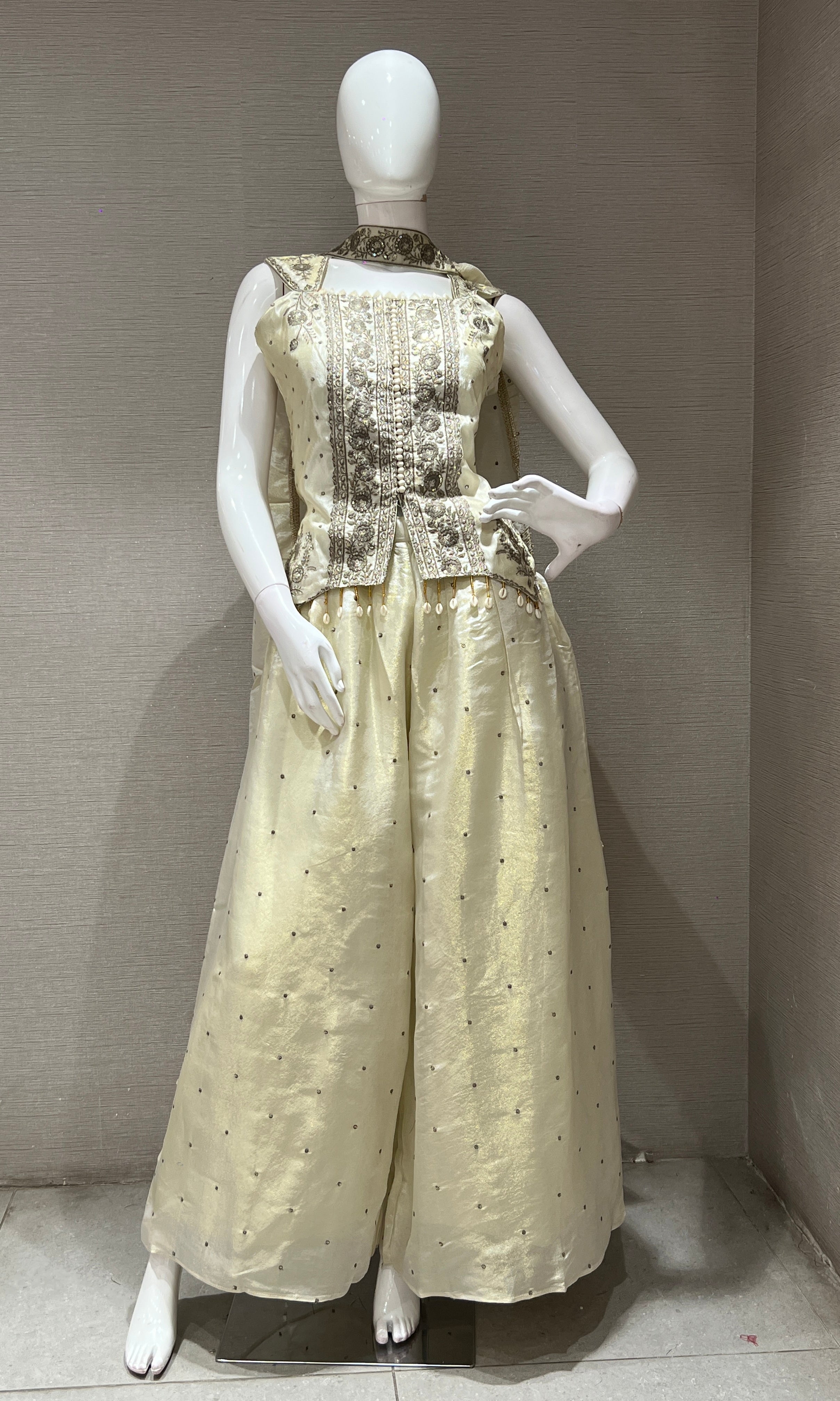 CREAM shimmer tissue short blouse Palazzo set