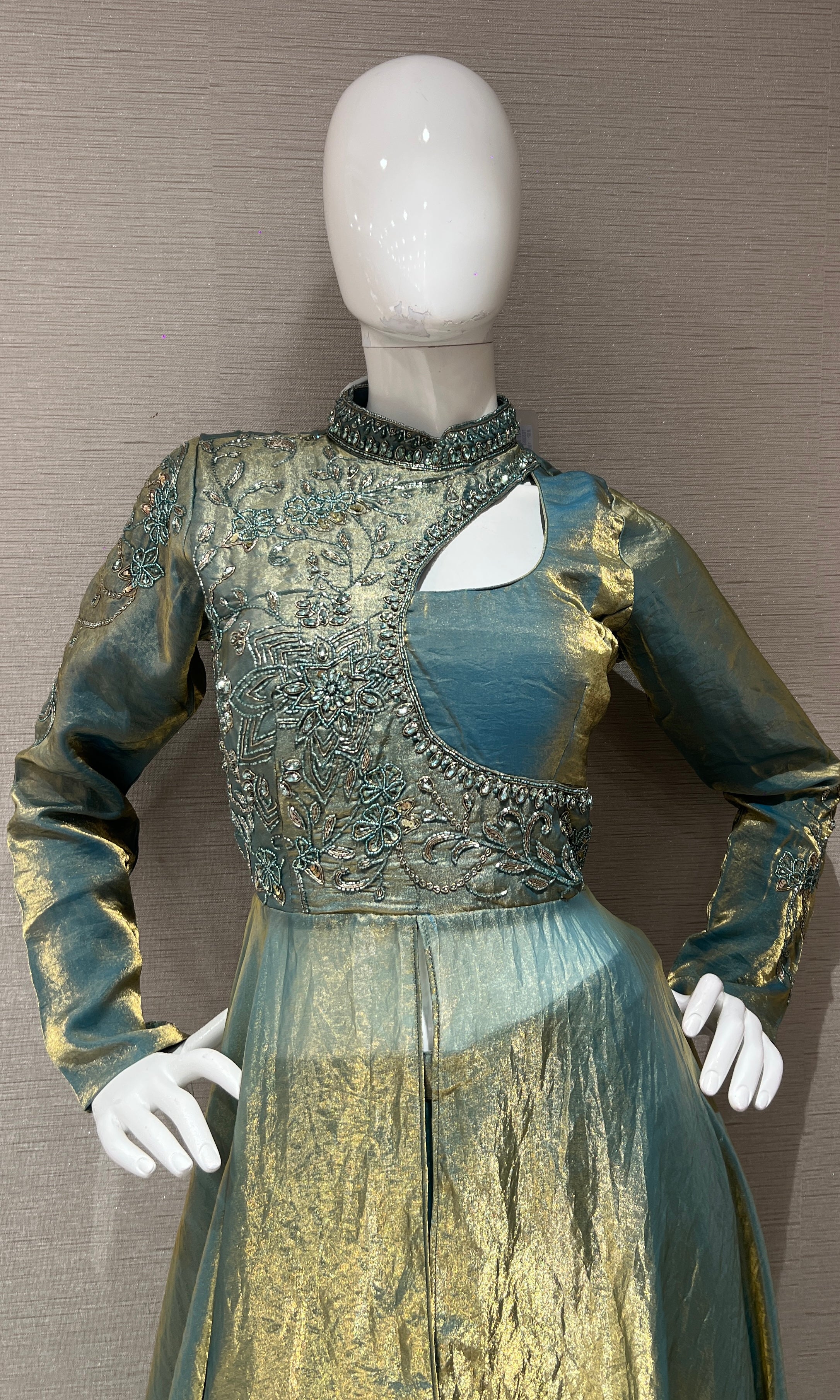 Metallic Blue with Gold Embroidered Anarkali palazzo set