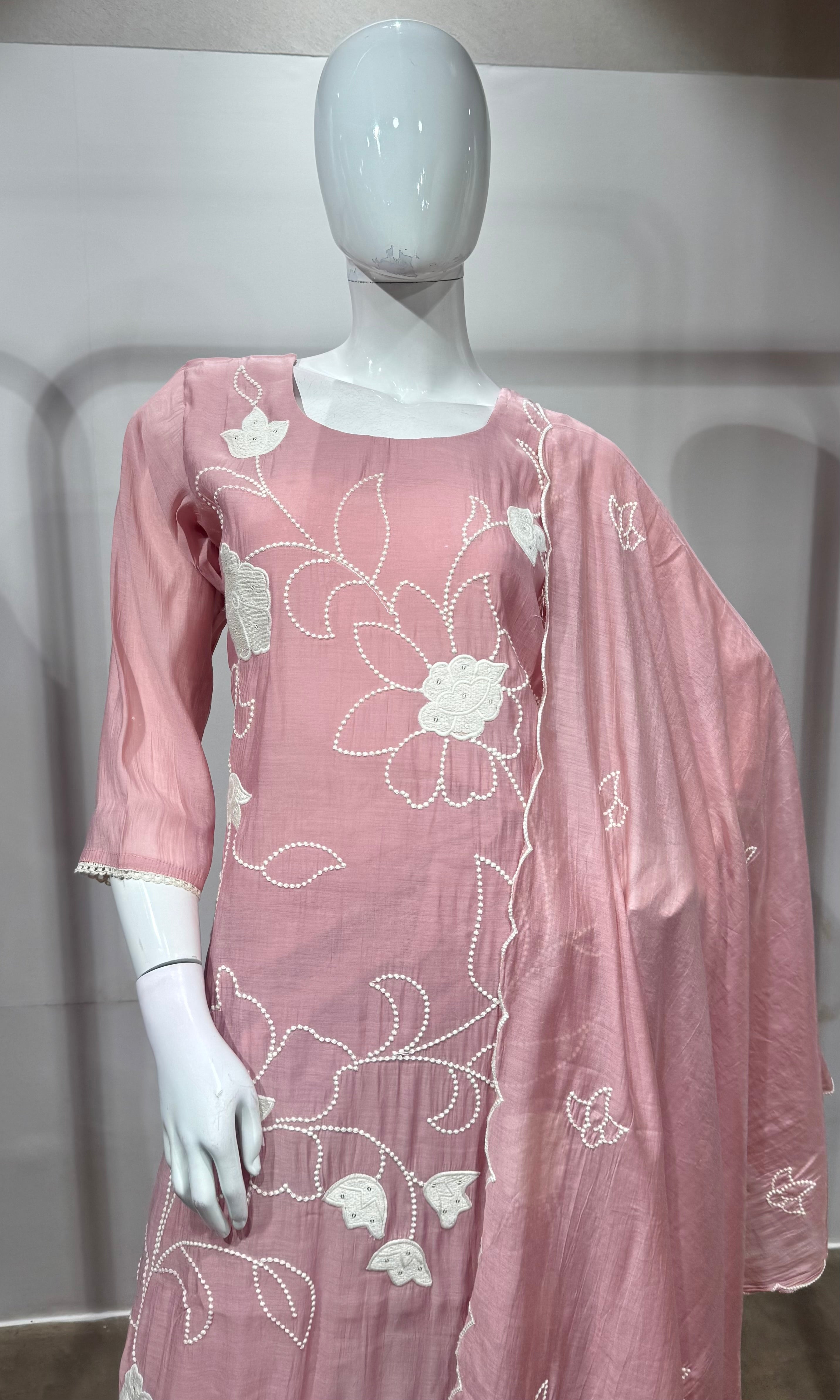 Baby Pink Silk Thread Embroidered kurta set