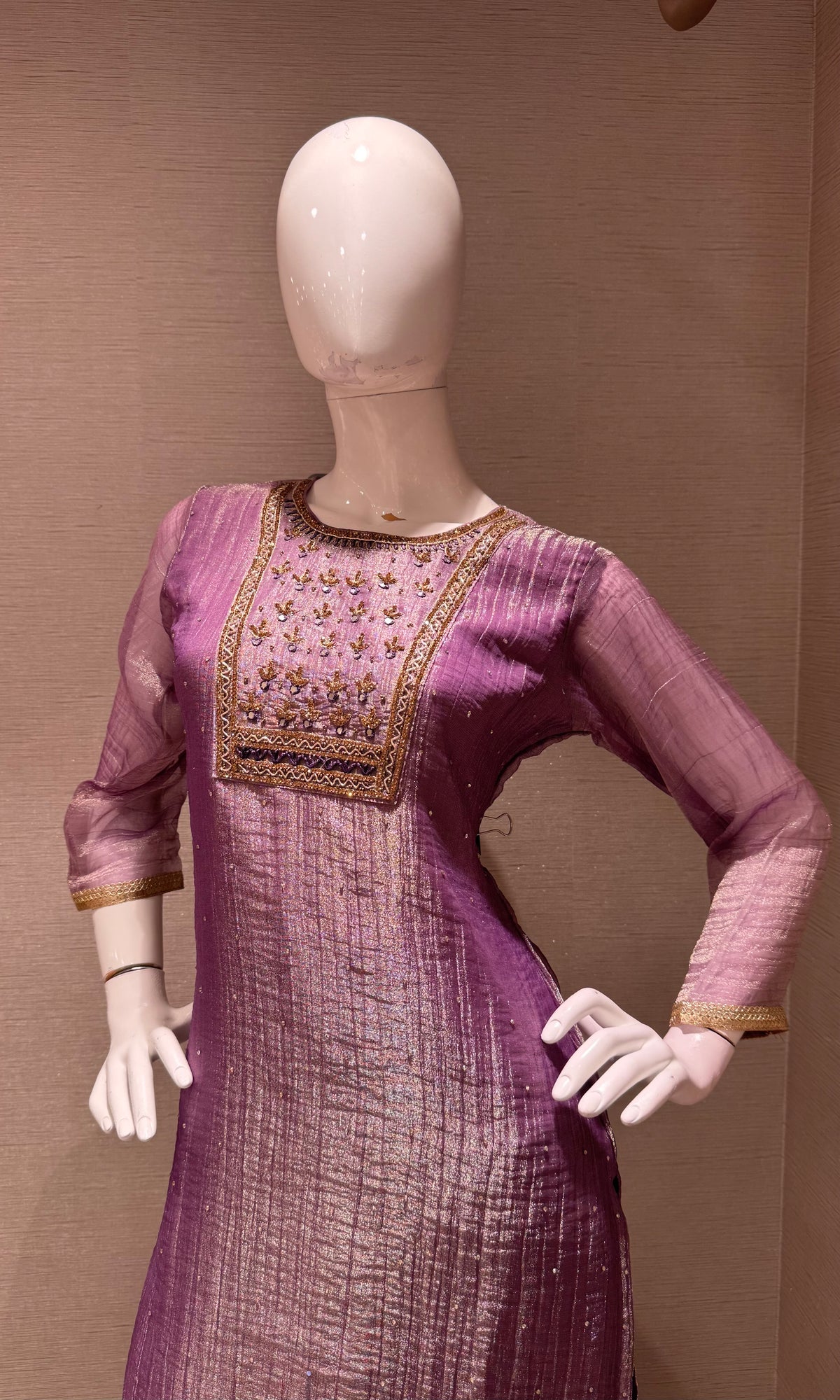 Lavender Tissue silk Salwar Kurta set with Gold Embroidery