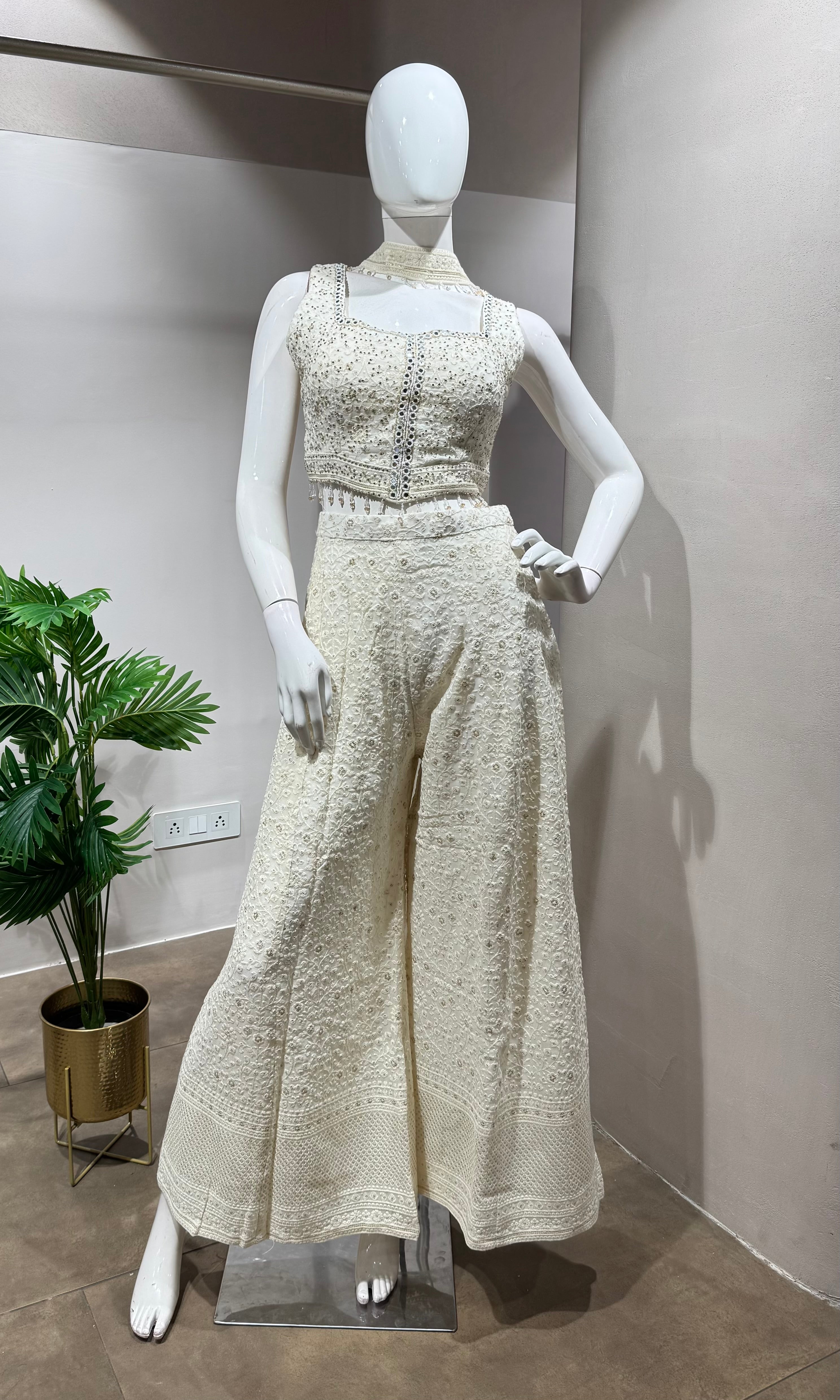 WHITE Beadwork Chanderi PALAZZO SET