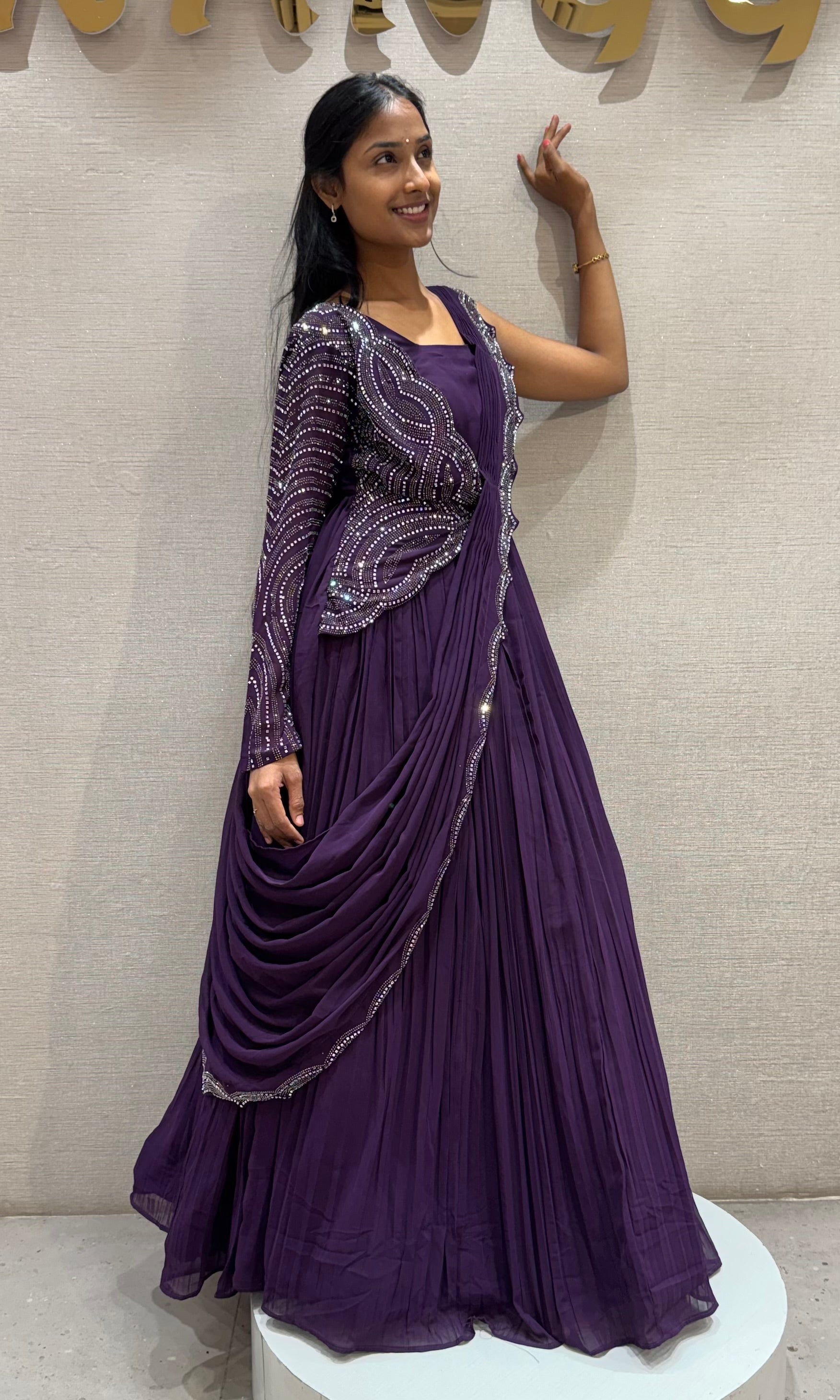 Wine Embellished Floor-Length Anarkali Gown