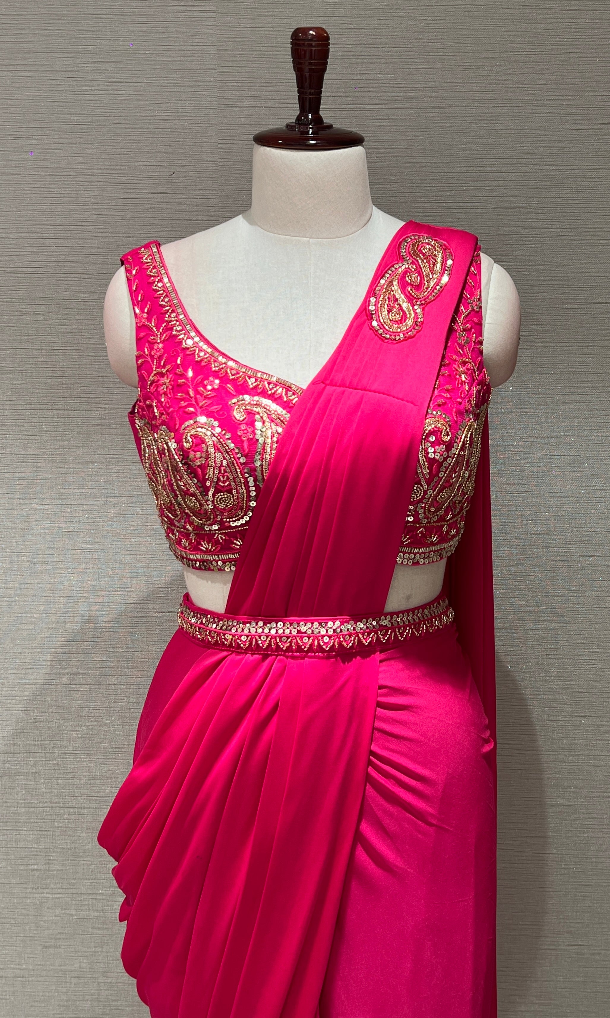 PINK Embellished Drape Saree WITH BLOUSE & BELT