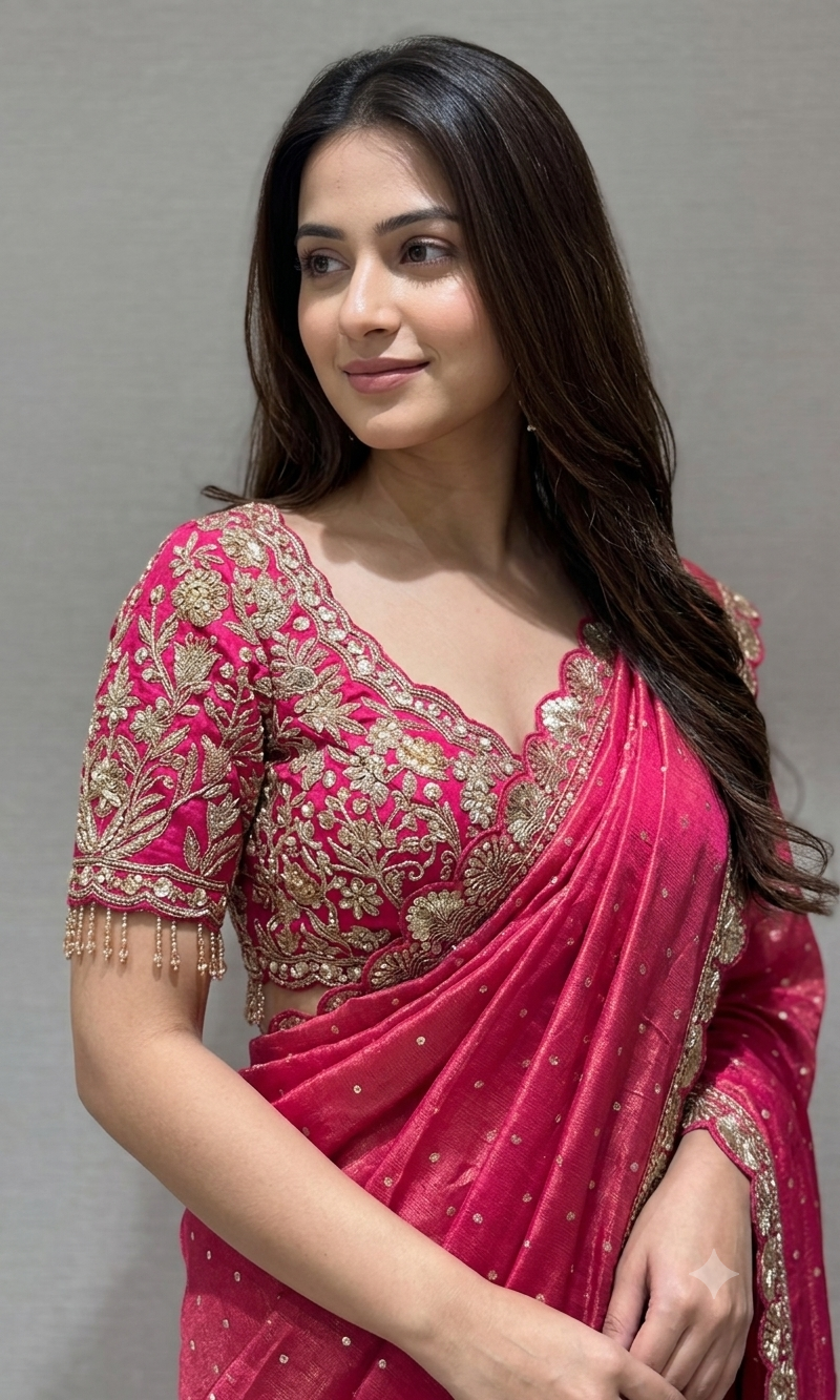 Pink Bandhani Saree with embroidered blouse