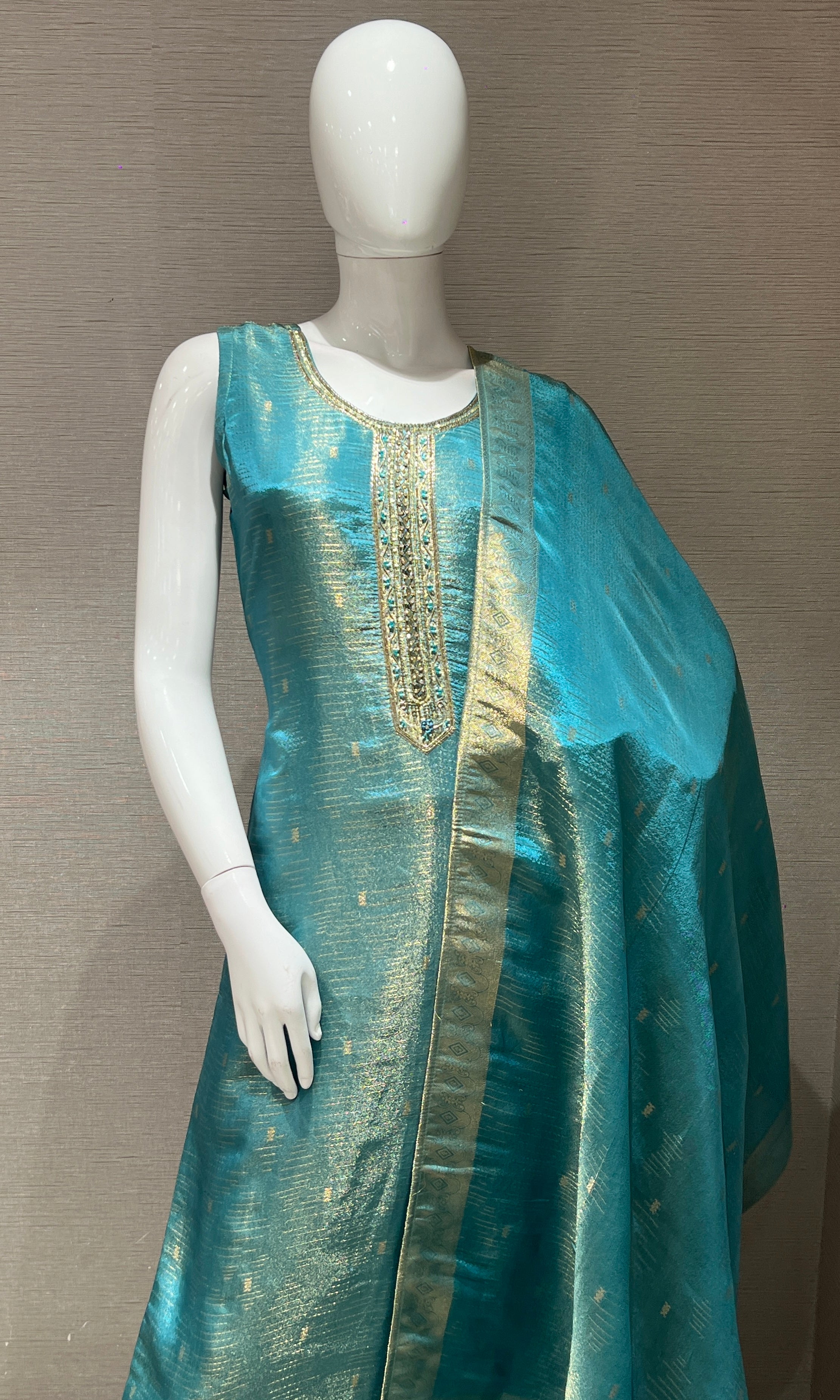 Teal green and gold kurta set