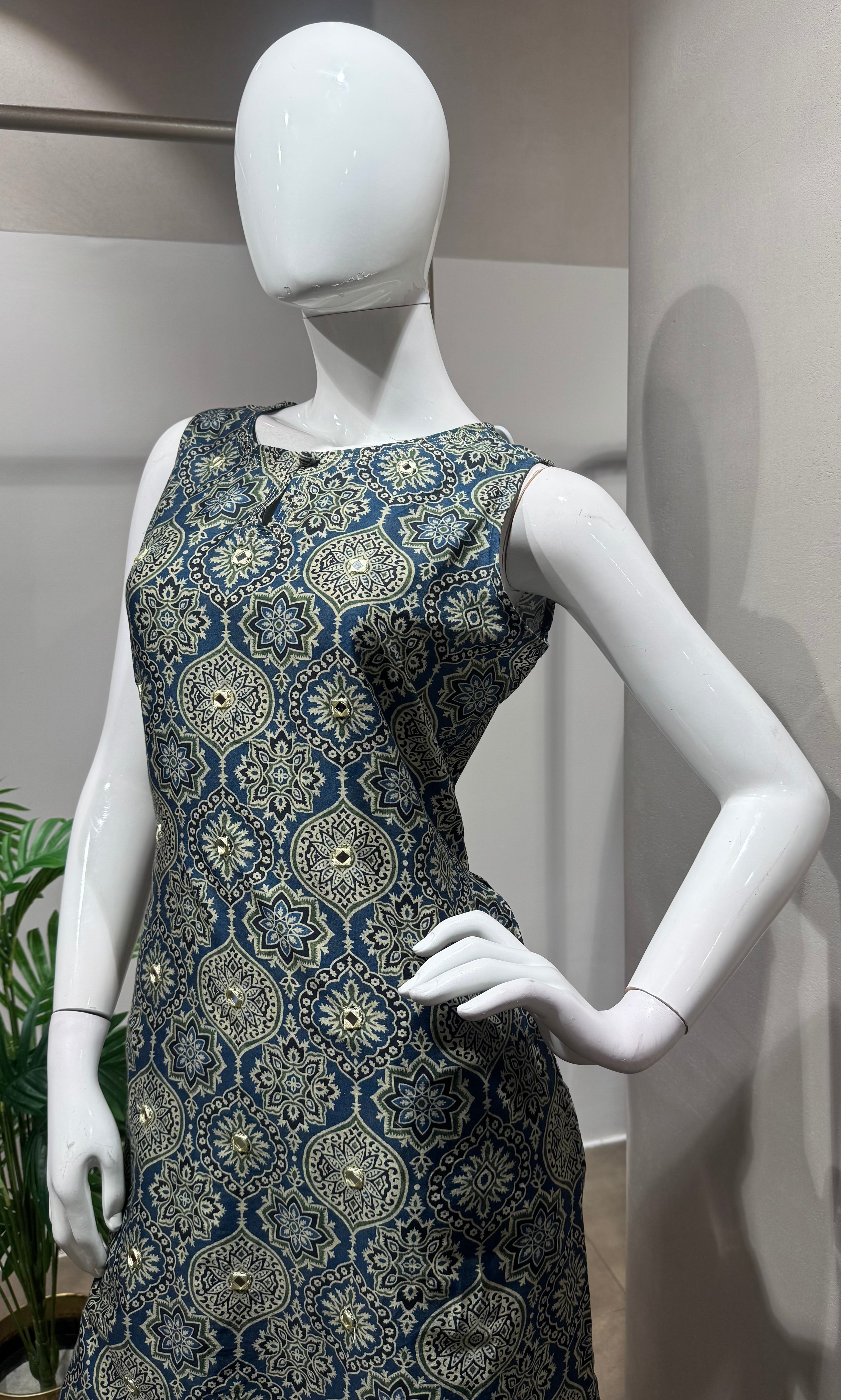 blue printed silk KURTI WITH BOTTOM