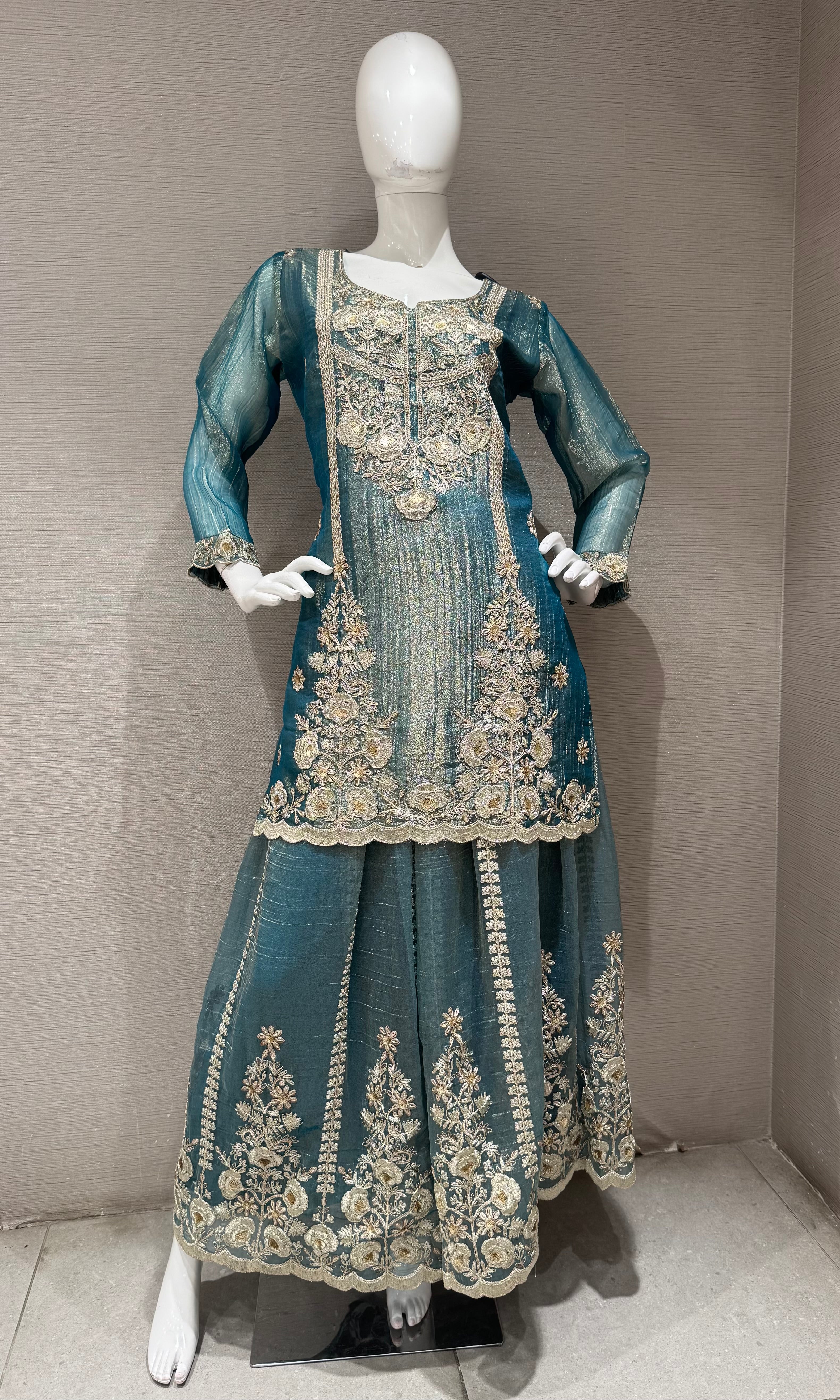 Light Blue Embroidered Sharara set with Sheer Dupatta