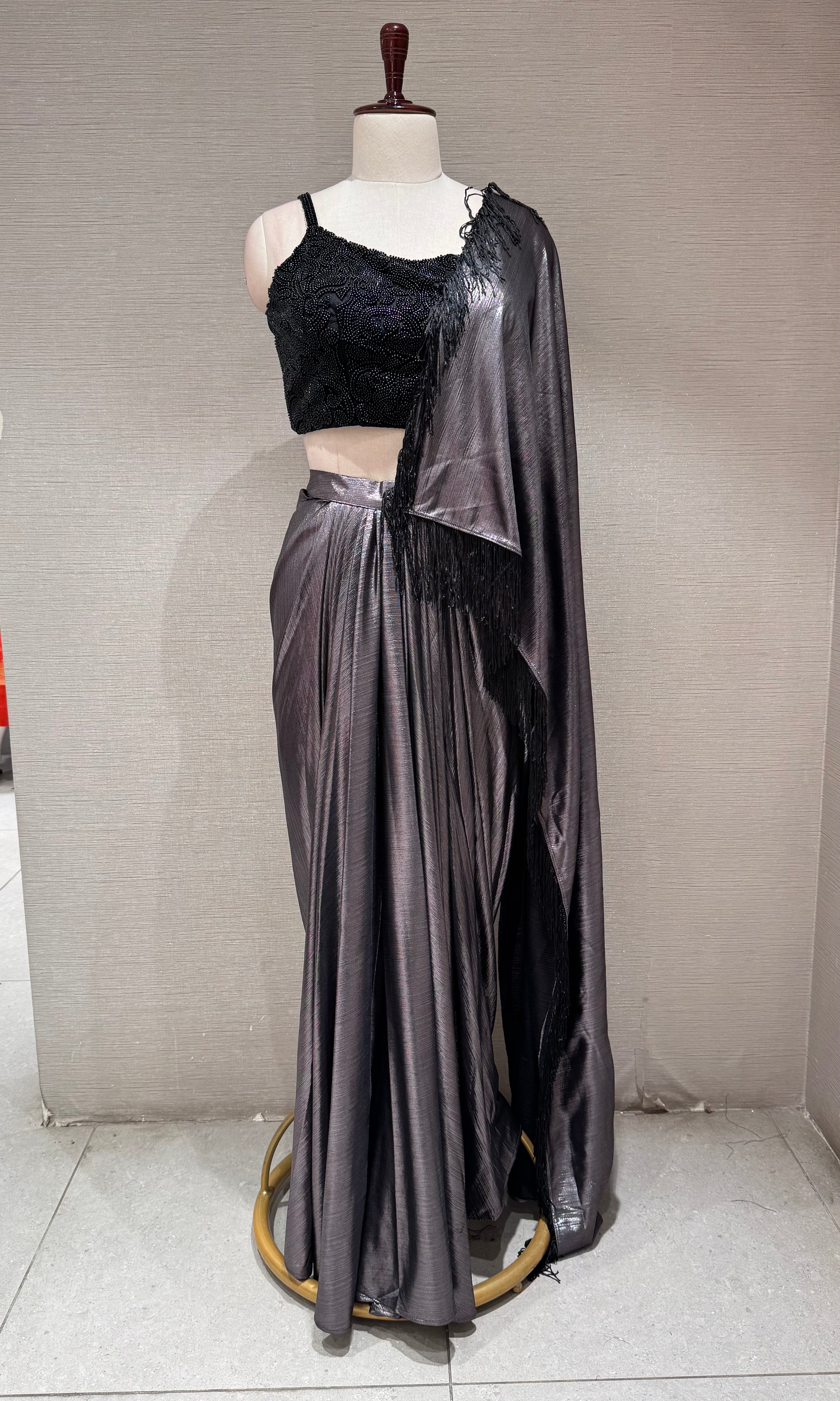 Grey & Charcoal Shimmering Draped Saree