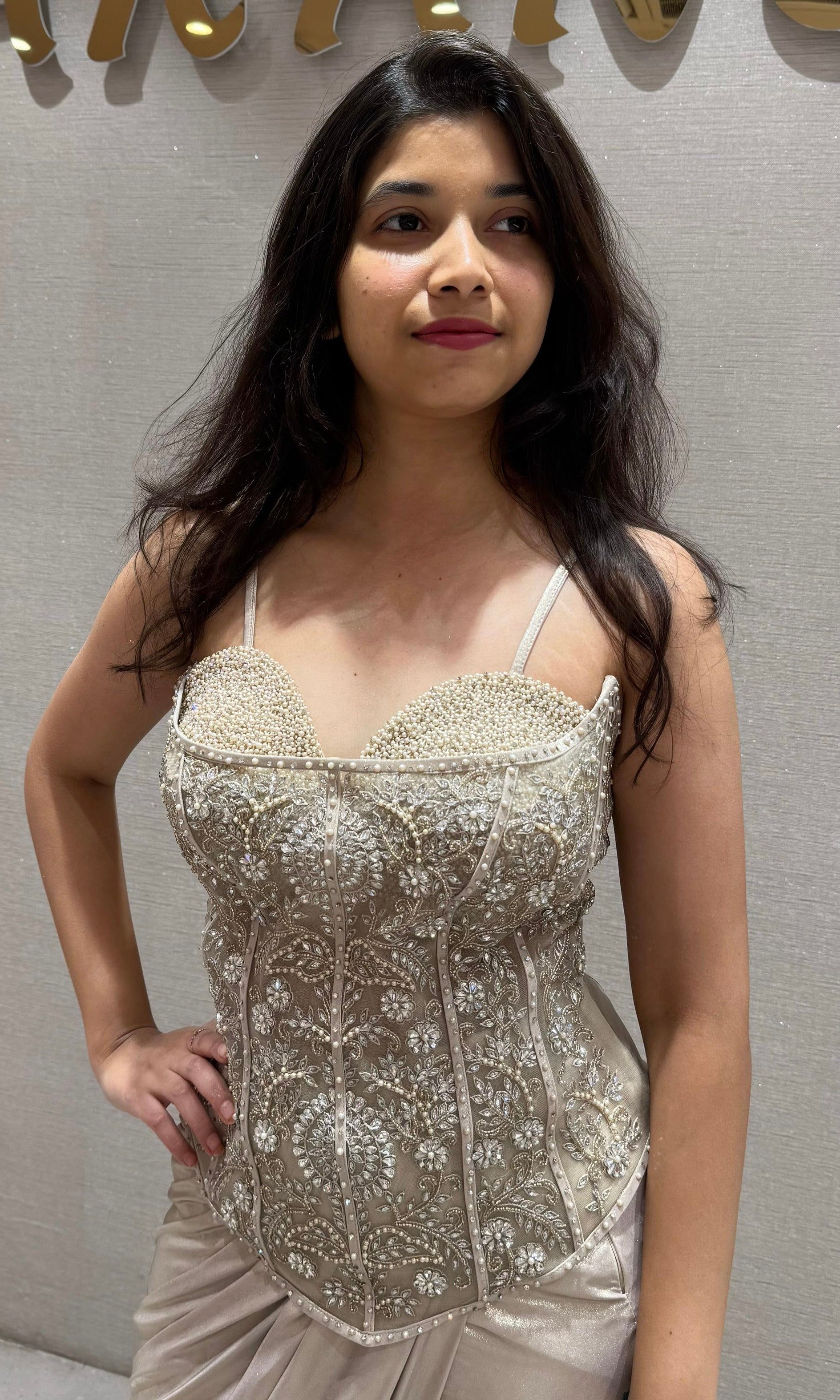 Cream gold corset blouse with drape skirt Indo western outfit
