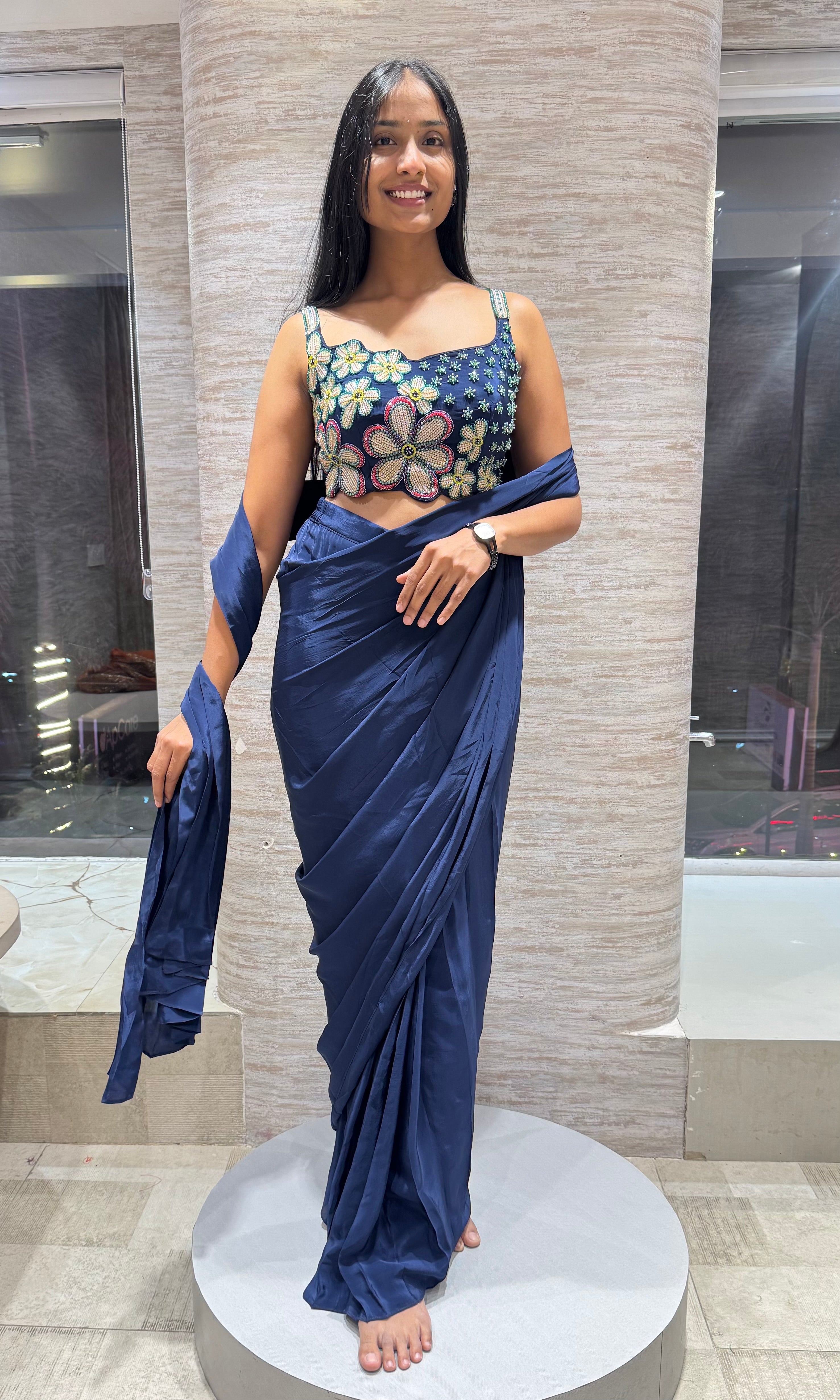Navy Blue Drape Saree with floral blouse