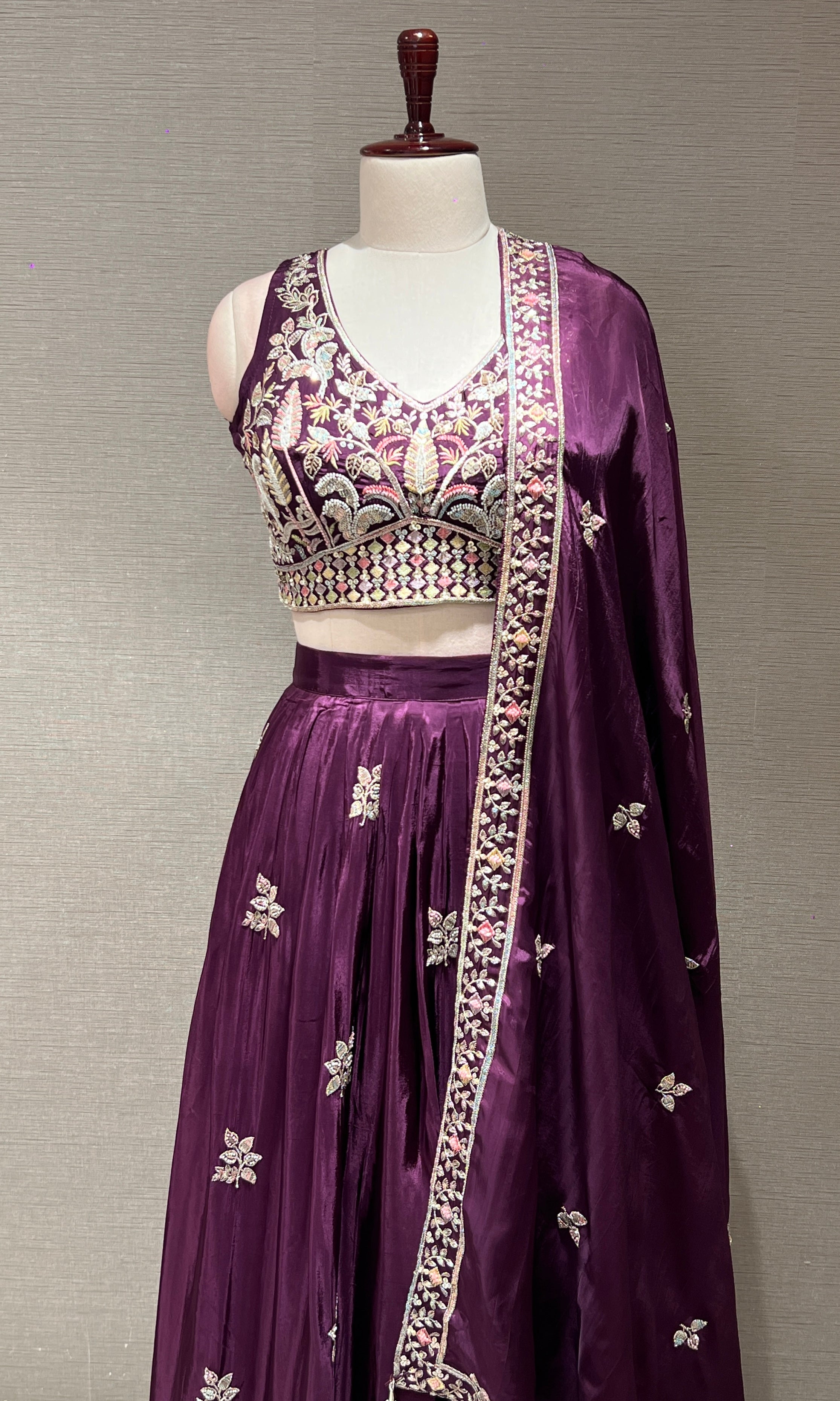 Royal Wine Floral Embroidered Lehenga
