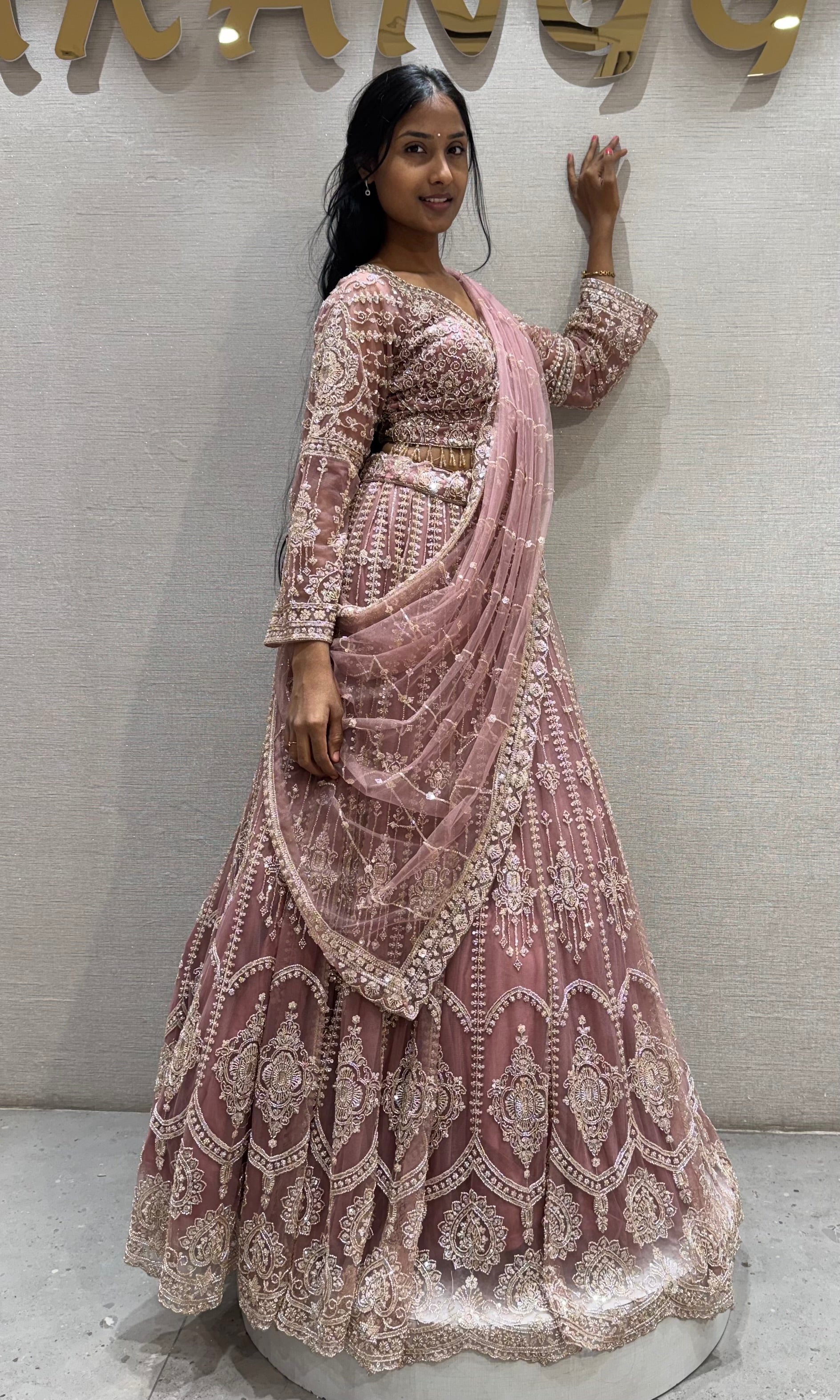 Pastel Rose pink Net Lehenga with Full Embroidered Sleeves
