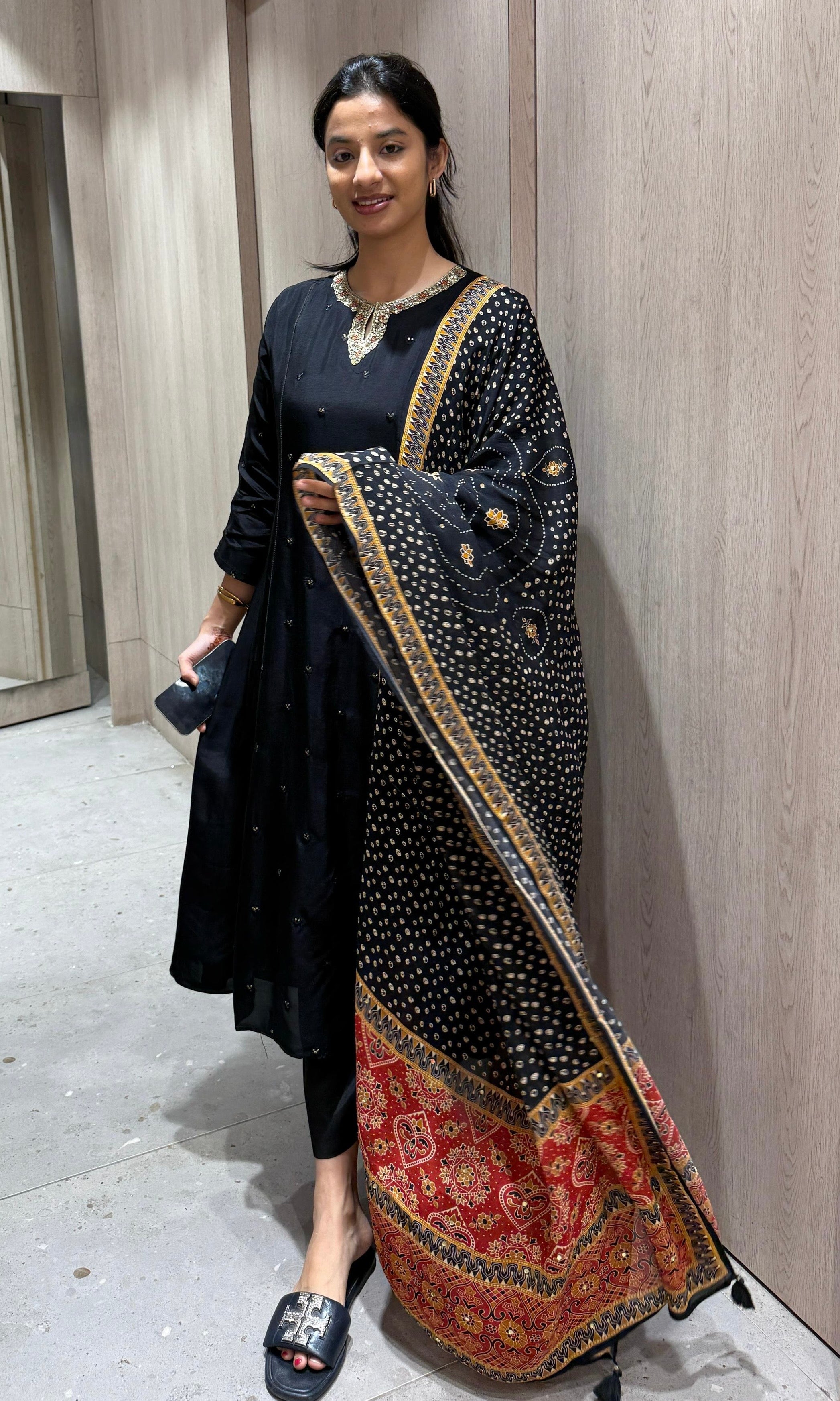 black embroidered neckline kurta set