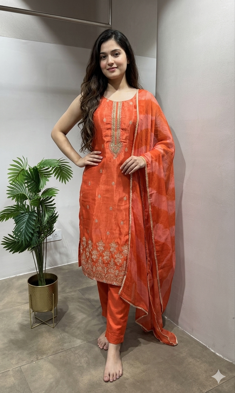 Orange Silk Embroidered Straight Kurta Set