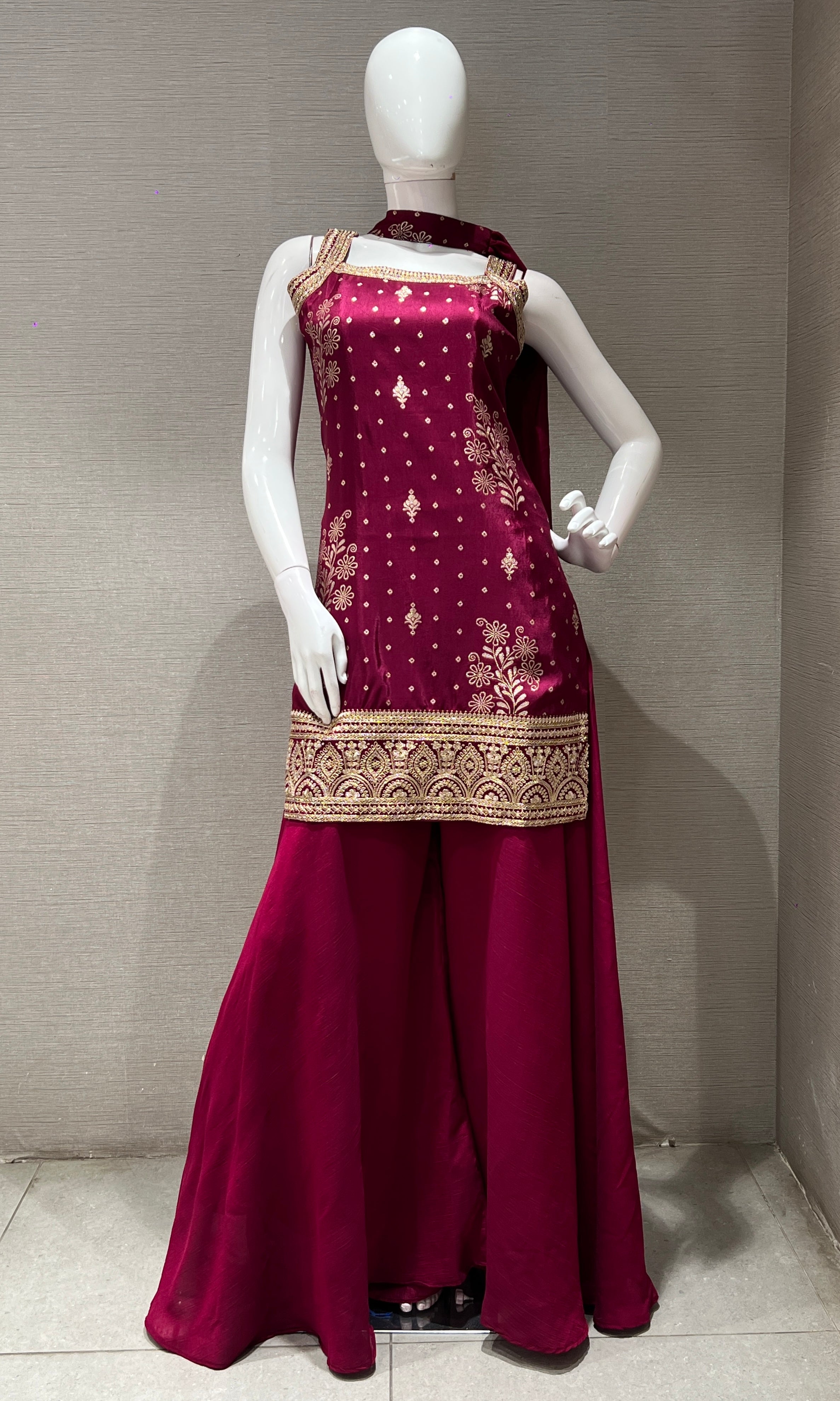 Wine GOLD EMBROIDERED SHARARA SET