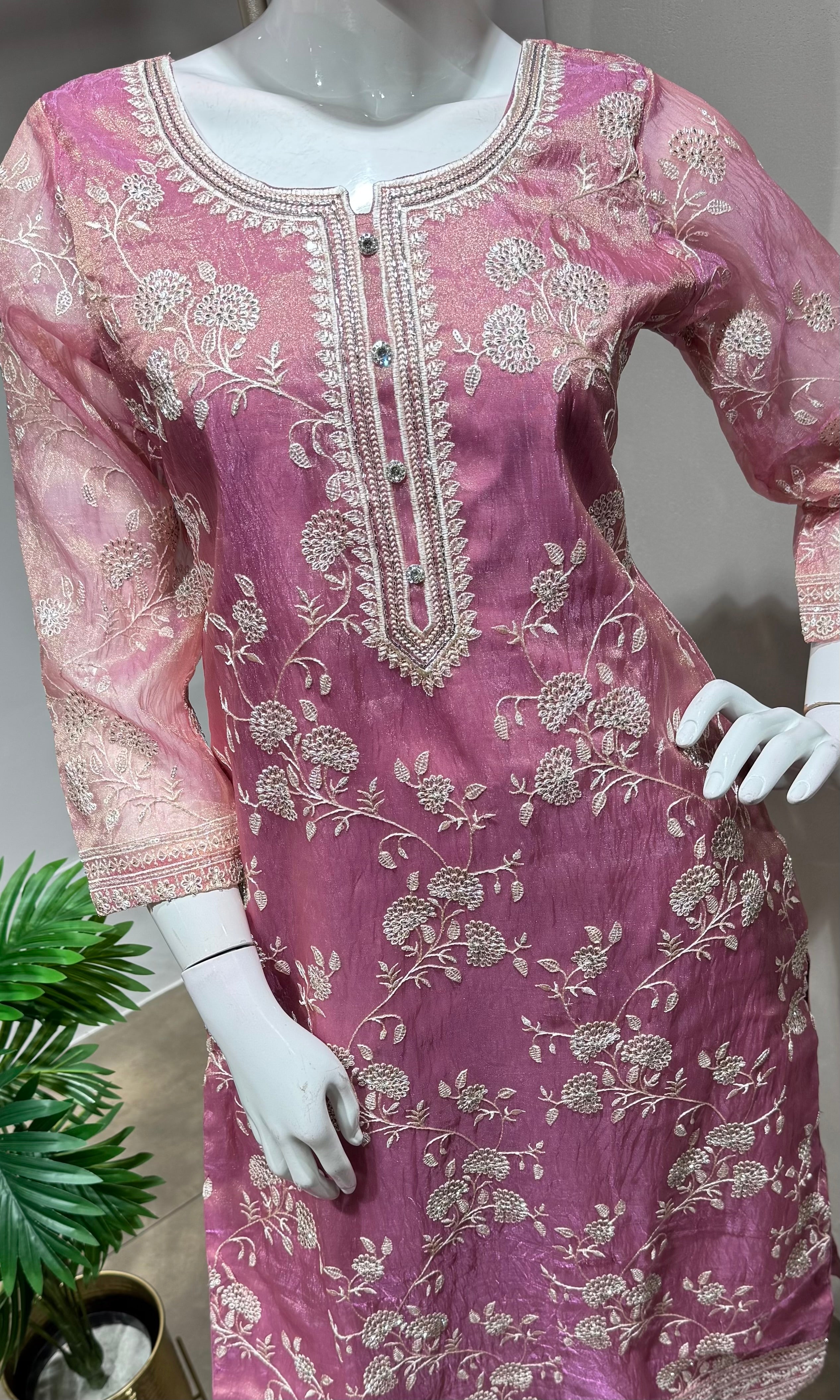 Onion pink floral embroidery kurta set
