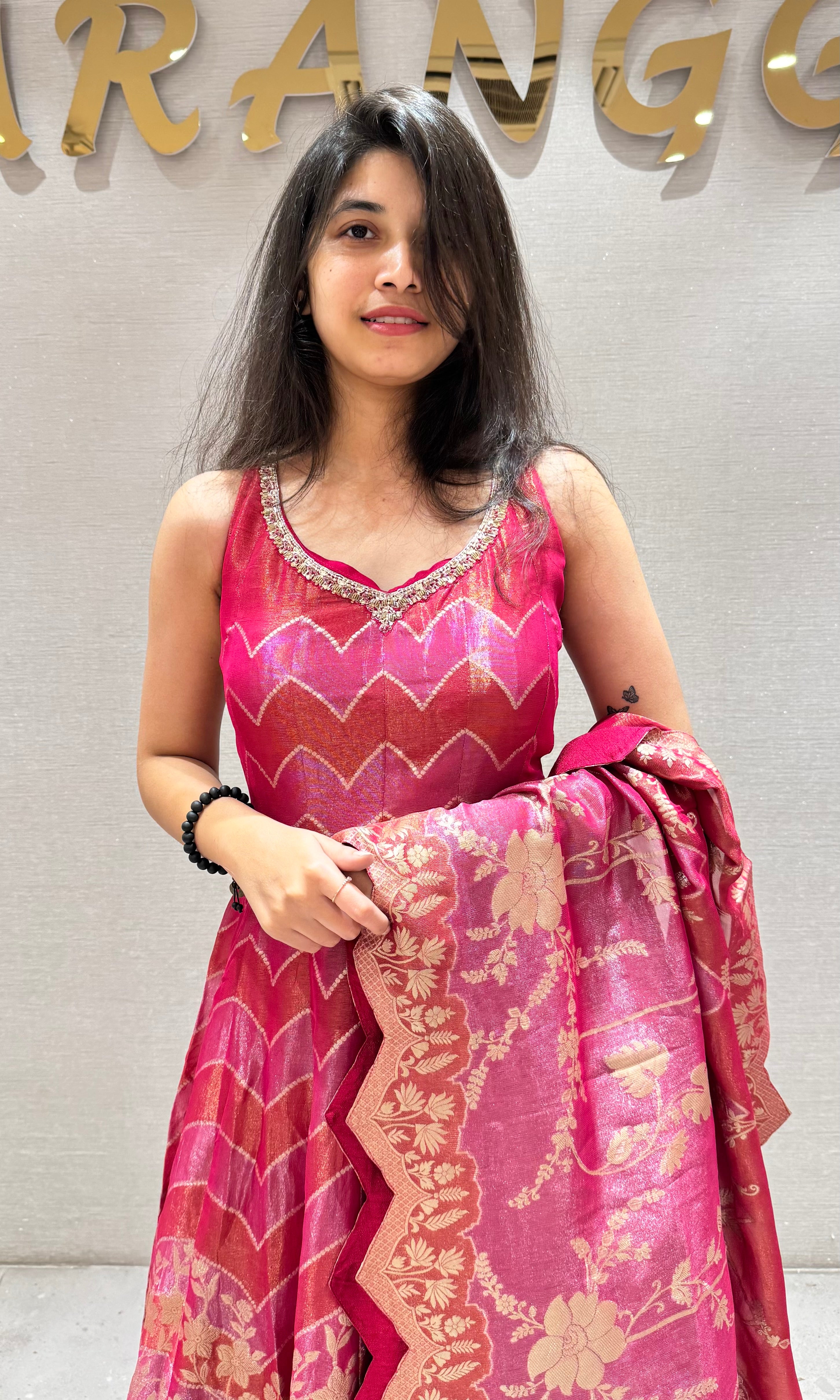 Pink GOLDEN EMBROIDERY ANARKALI SET