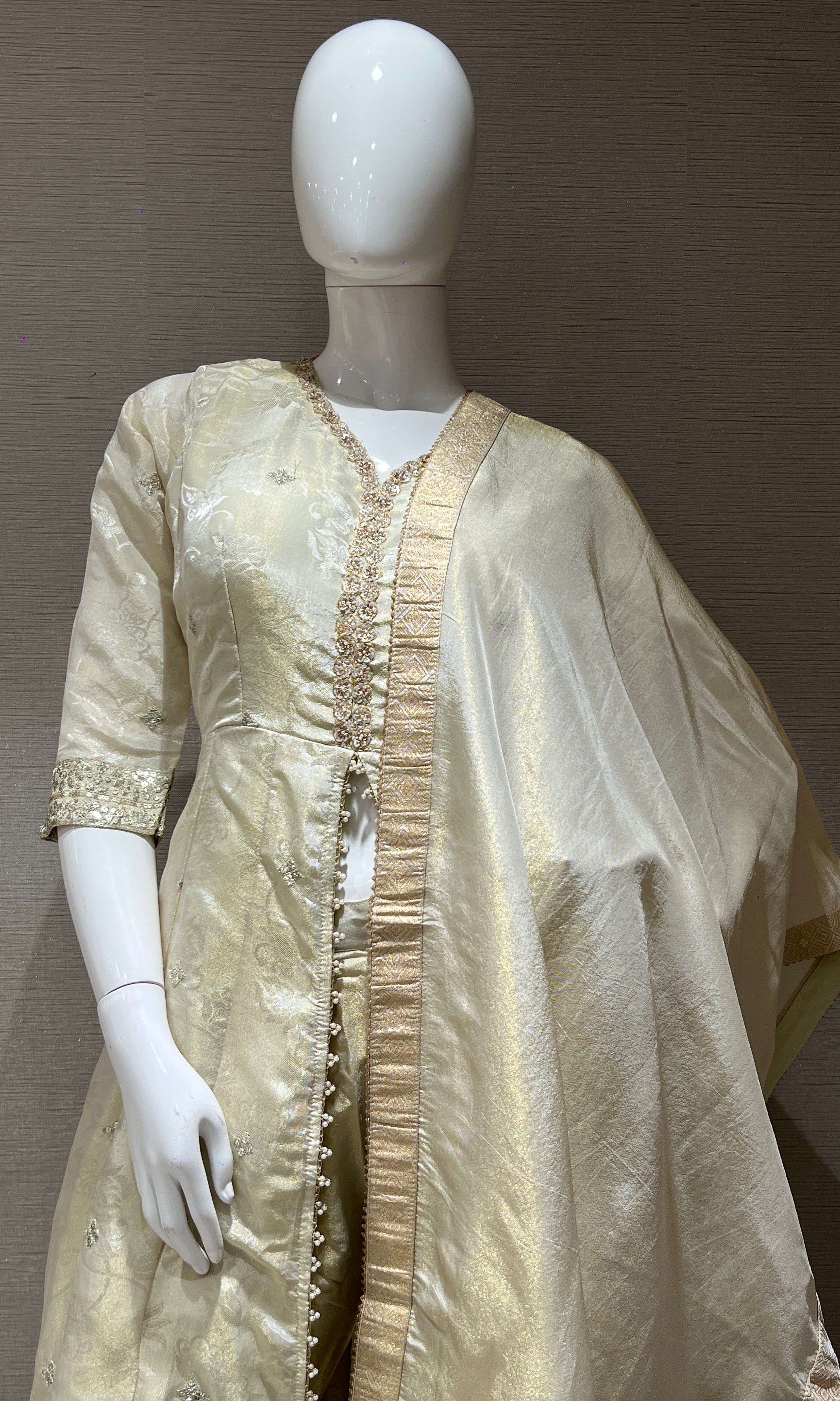 Cream Embroidered Front Slit Anarkali