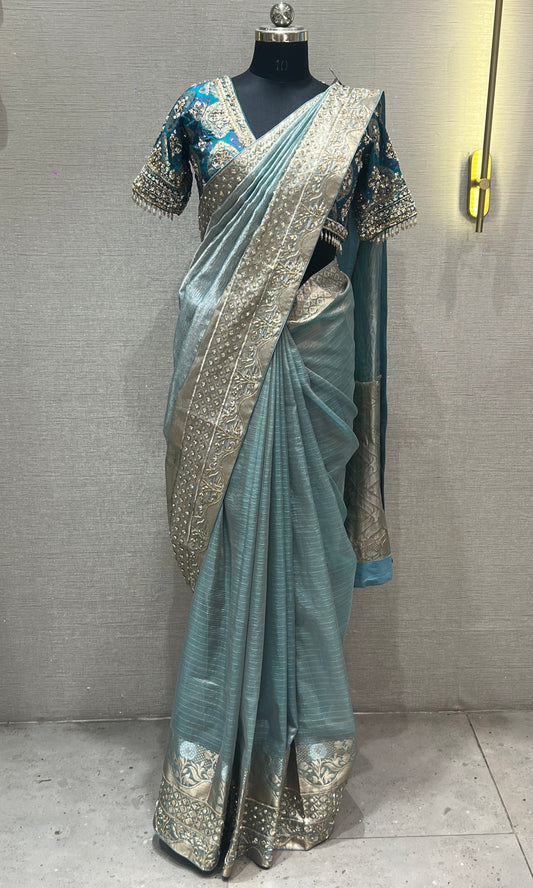 Blue saree with ready blouse