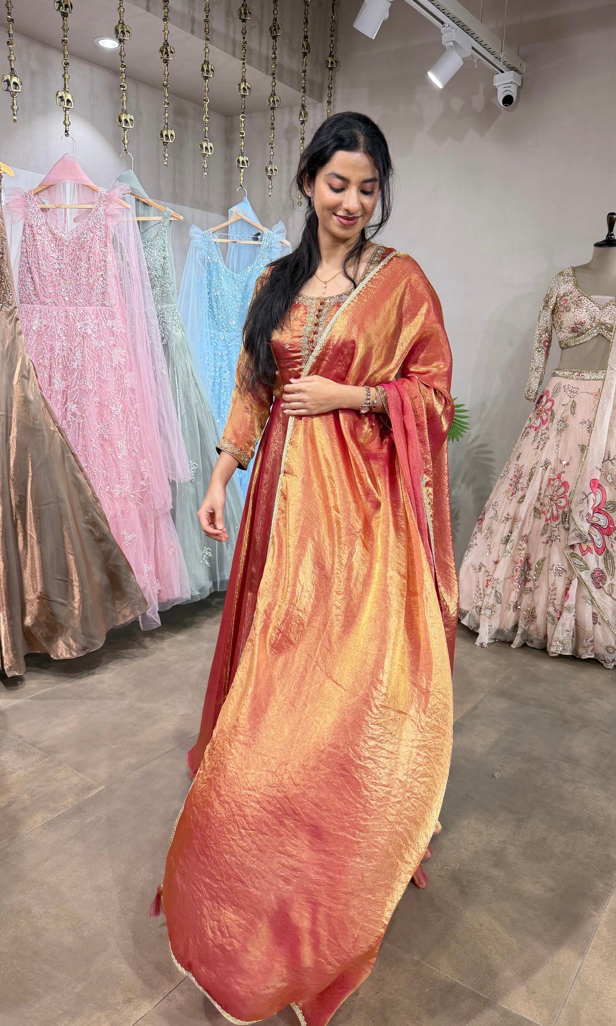 Shimmering RUST-Gold Silk Tissue Anarkali Set
