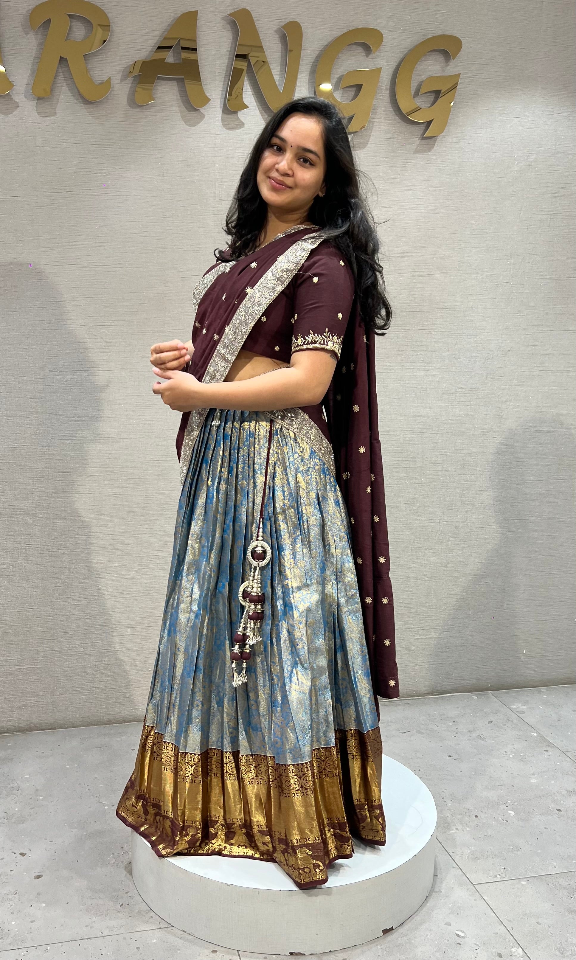 Brown BLUE BANARASI PATTU LEHENGA WITH EMBROIDERED BLOUSE