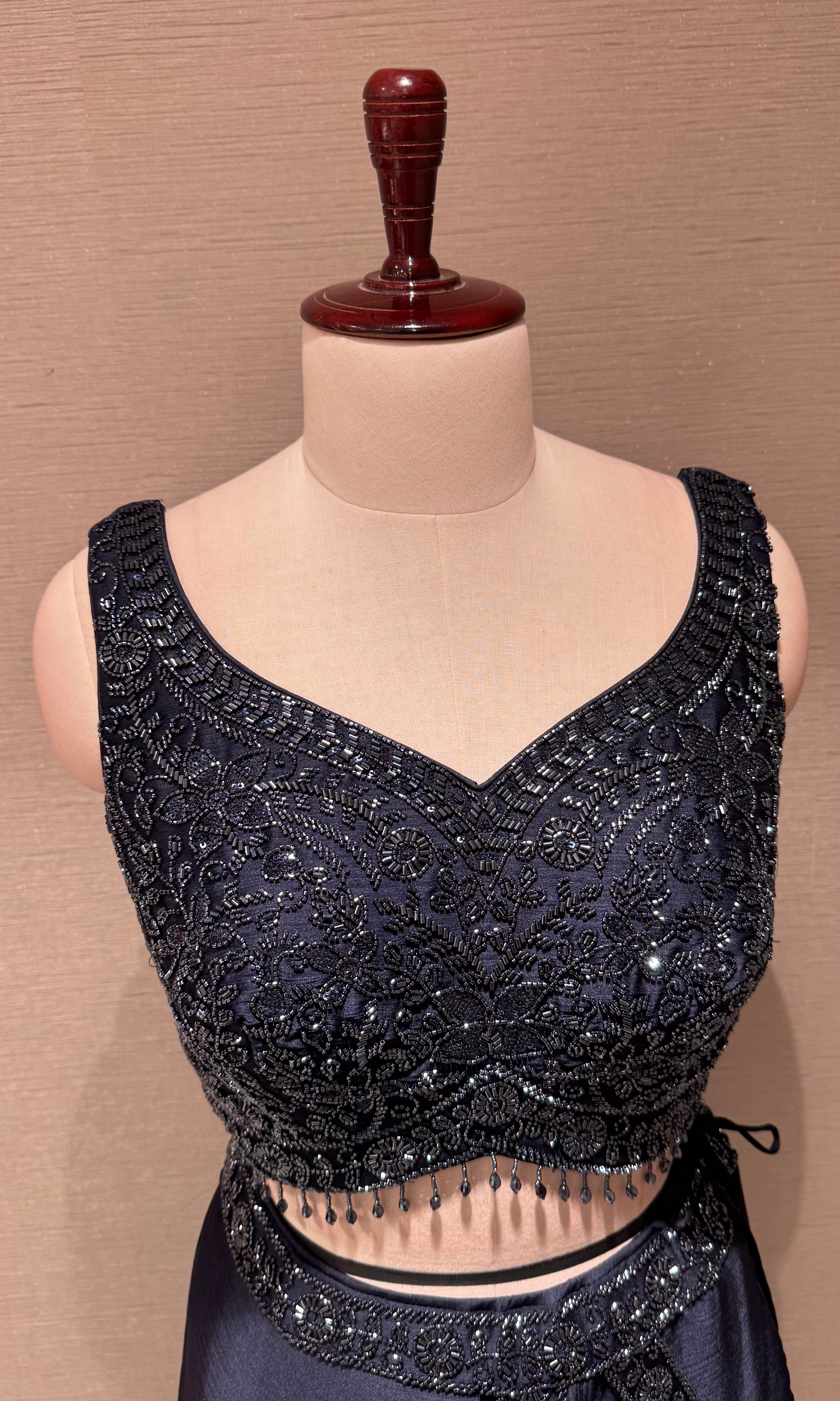 Navy Blue Embellished Draped Saree with Ethnic Blouse