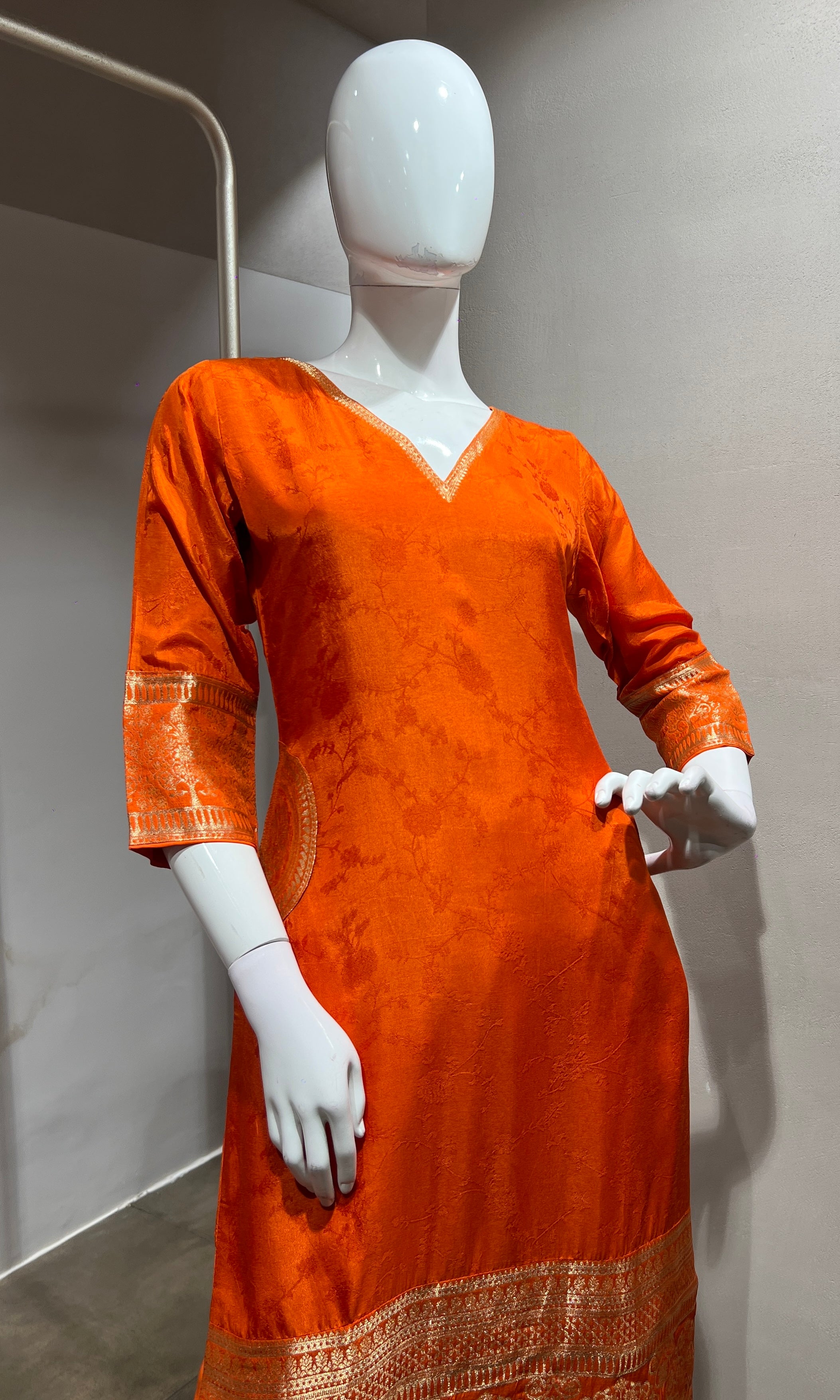 Orange Silk Straight Kurta Set with Gold Border