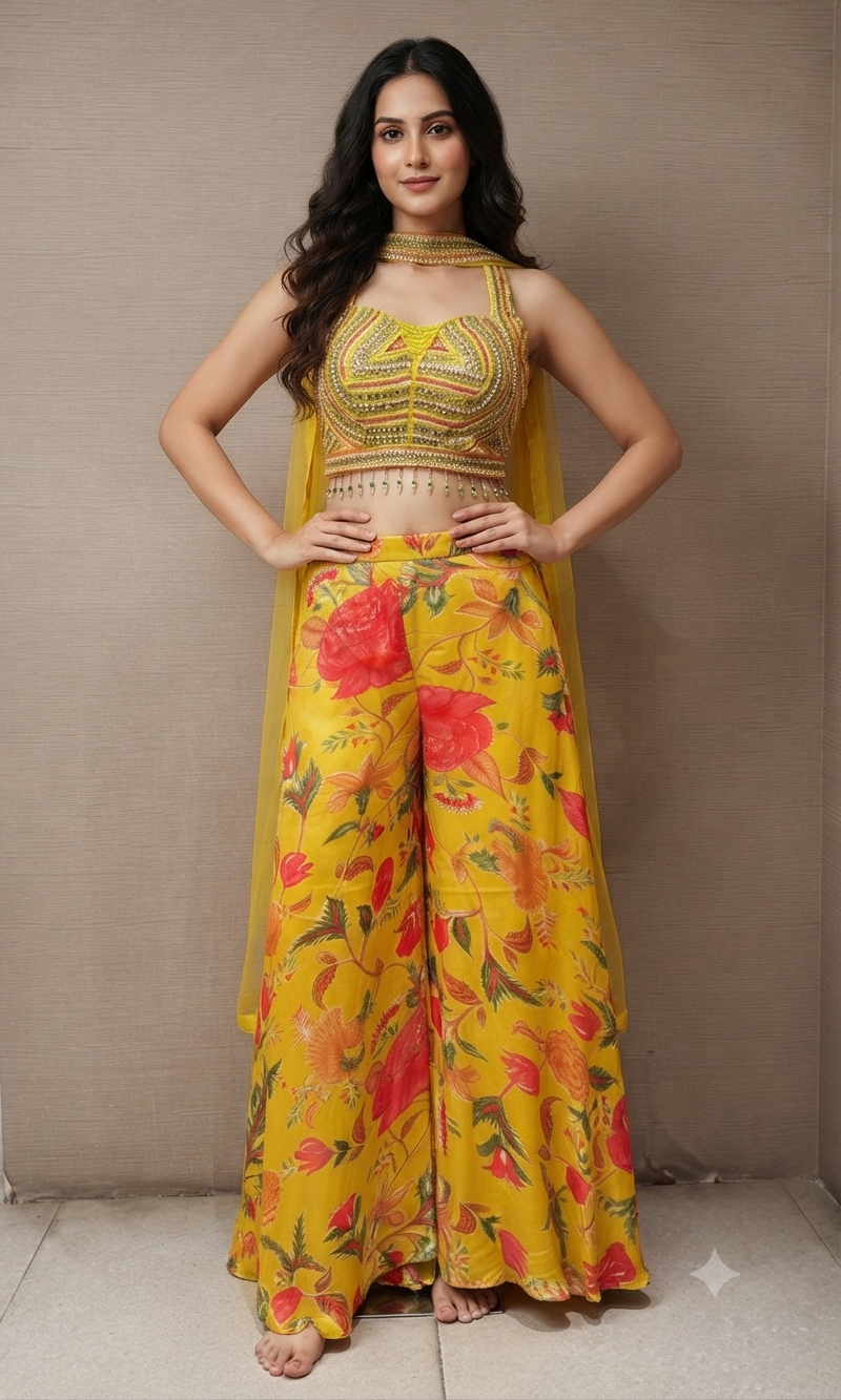 Yellow Embroidered crop top palazzo set