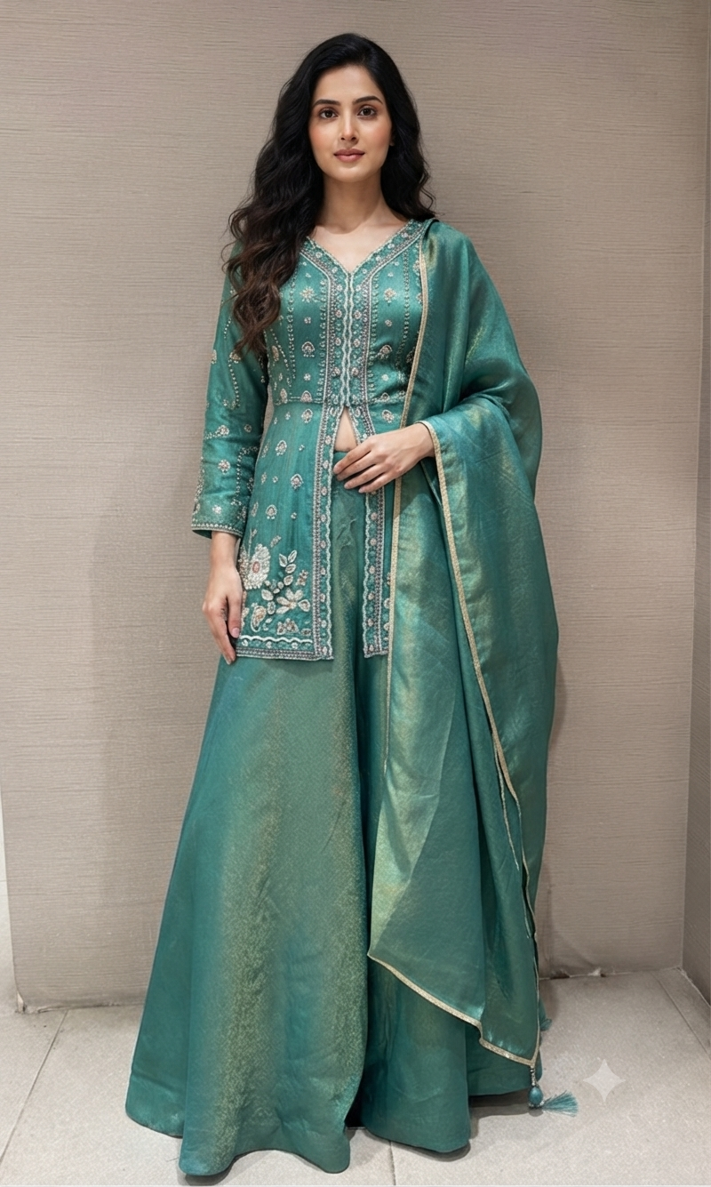 Sea green front slit embroidered peplum palazzo set