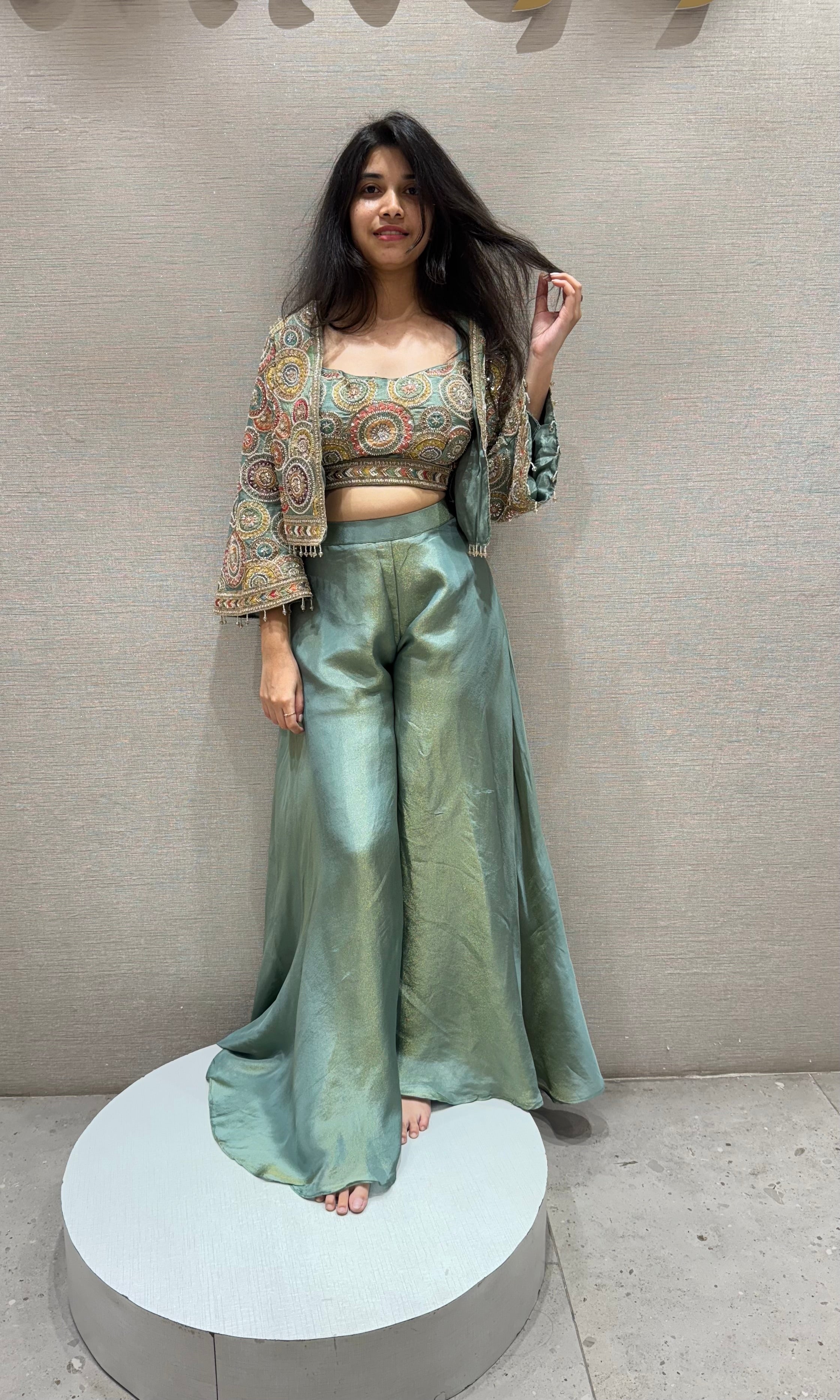 Green EMBROIDERED palazzo WITH JACKET