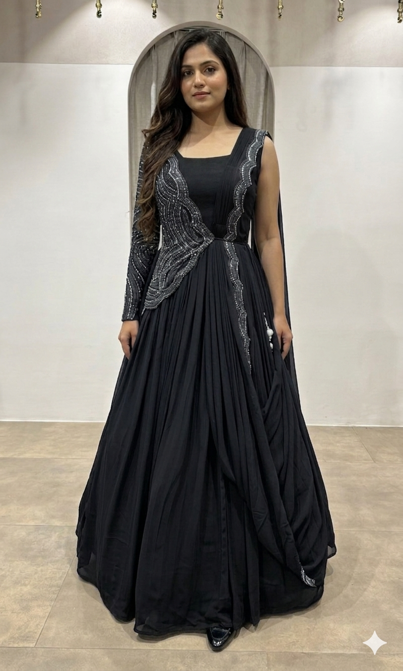Black Embellished Floor-Length Anarkali Gown