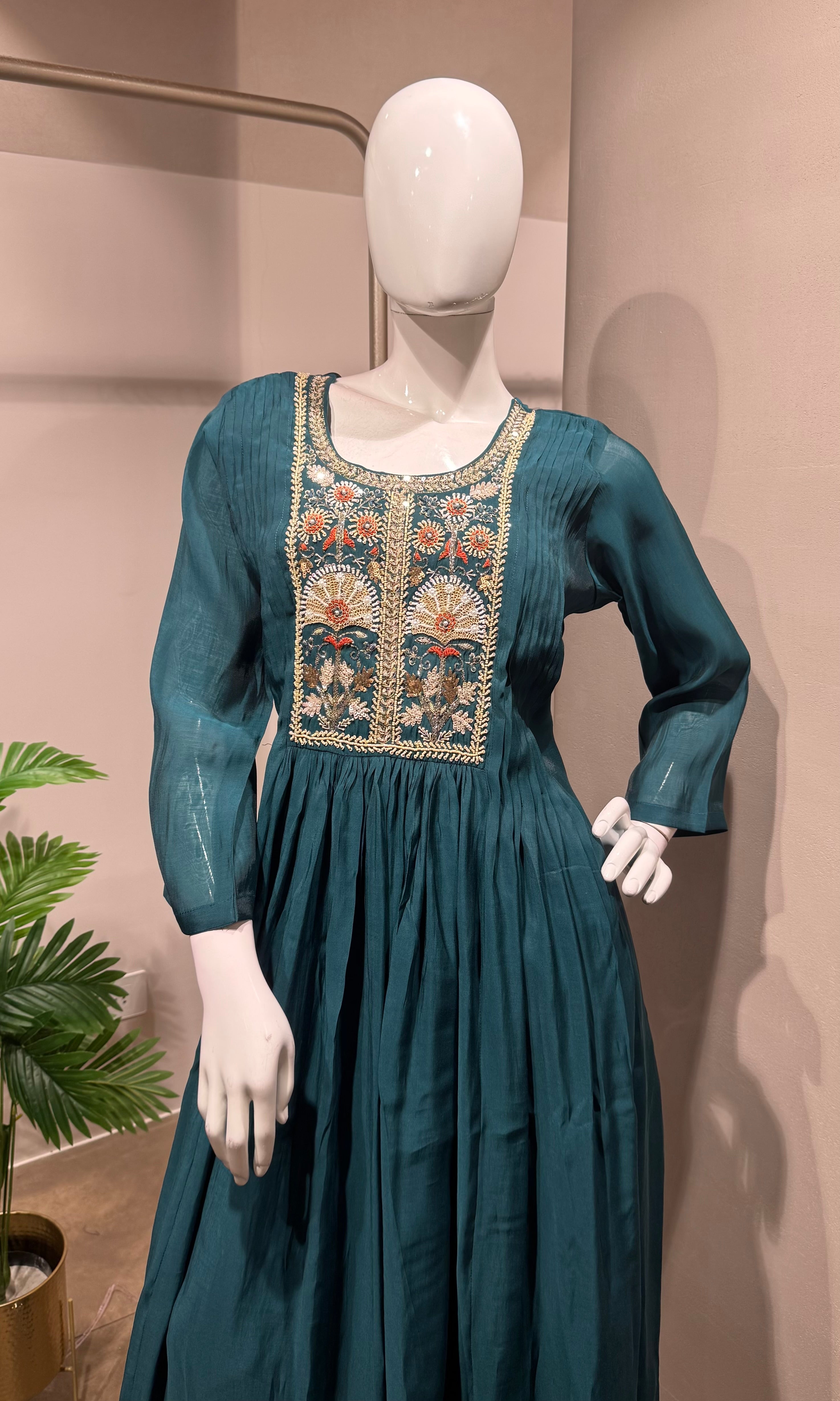 Teal blue embroidered kurta set