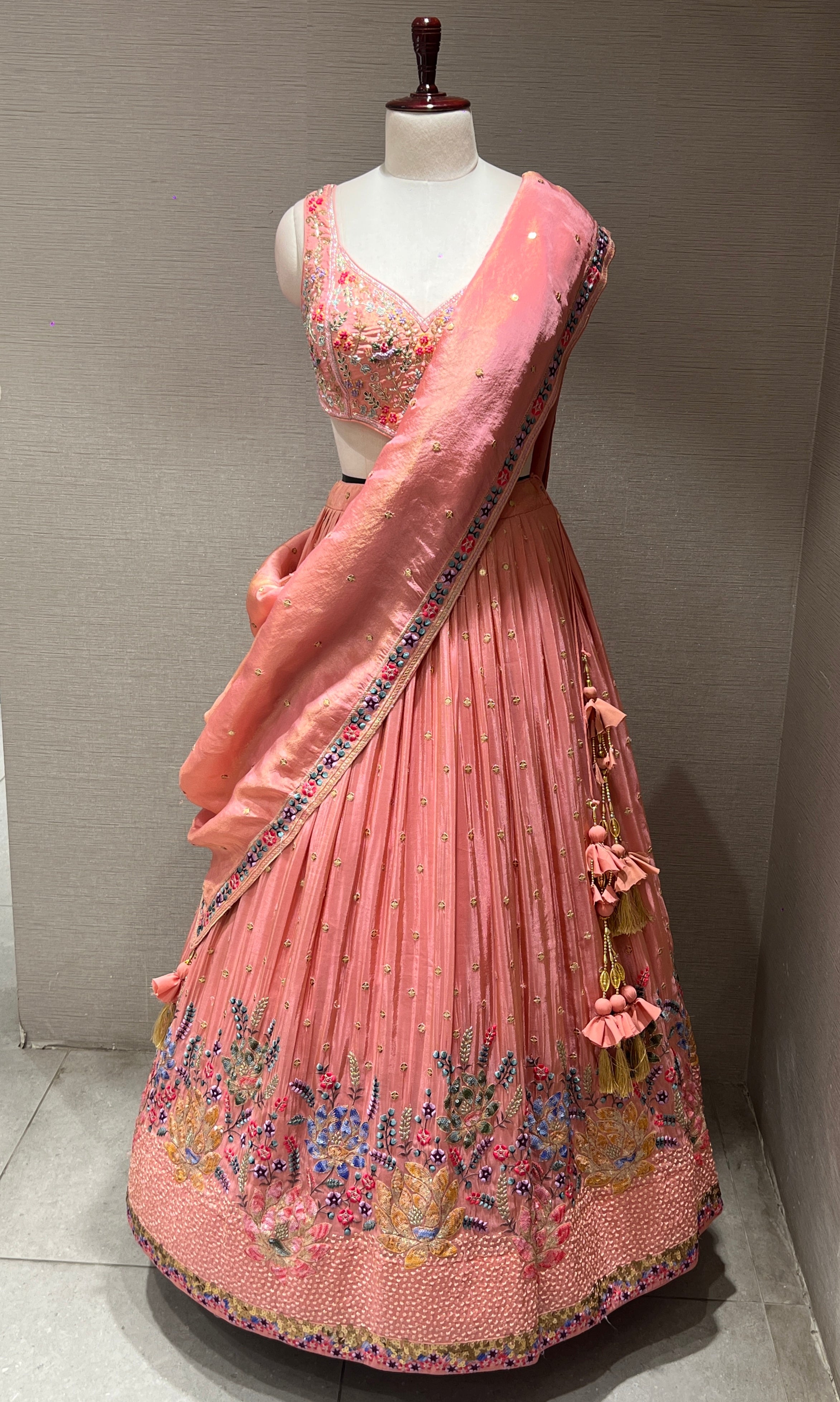 Designer Peach Floral Embroidery Lehenga