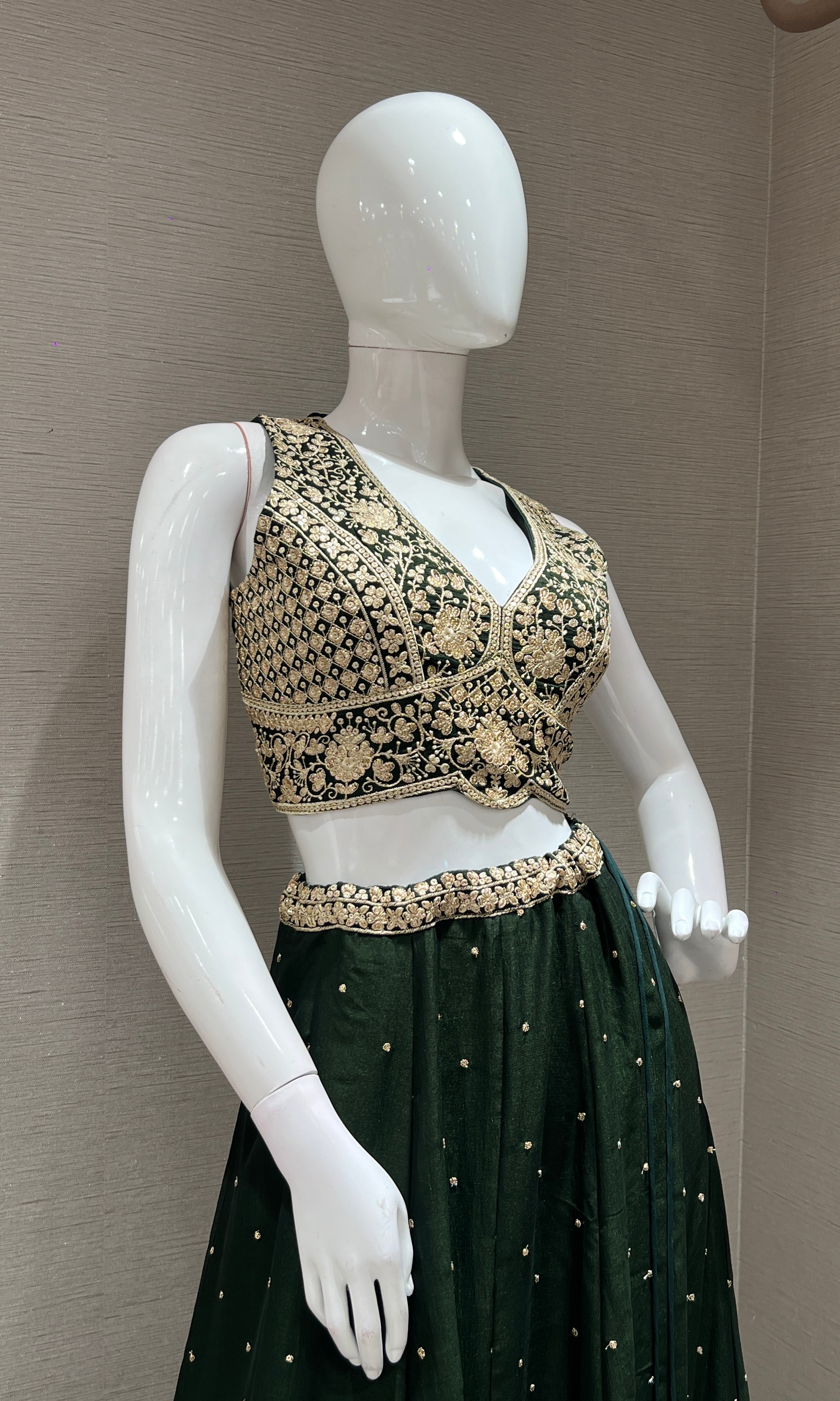 Bottle green golden embroidered lehanga