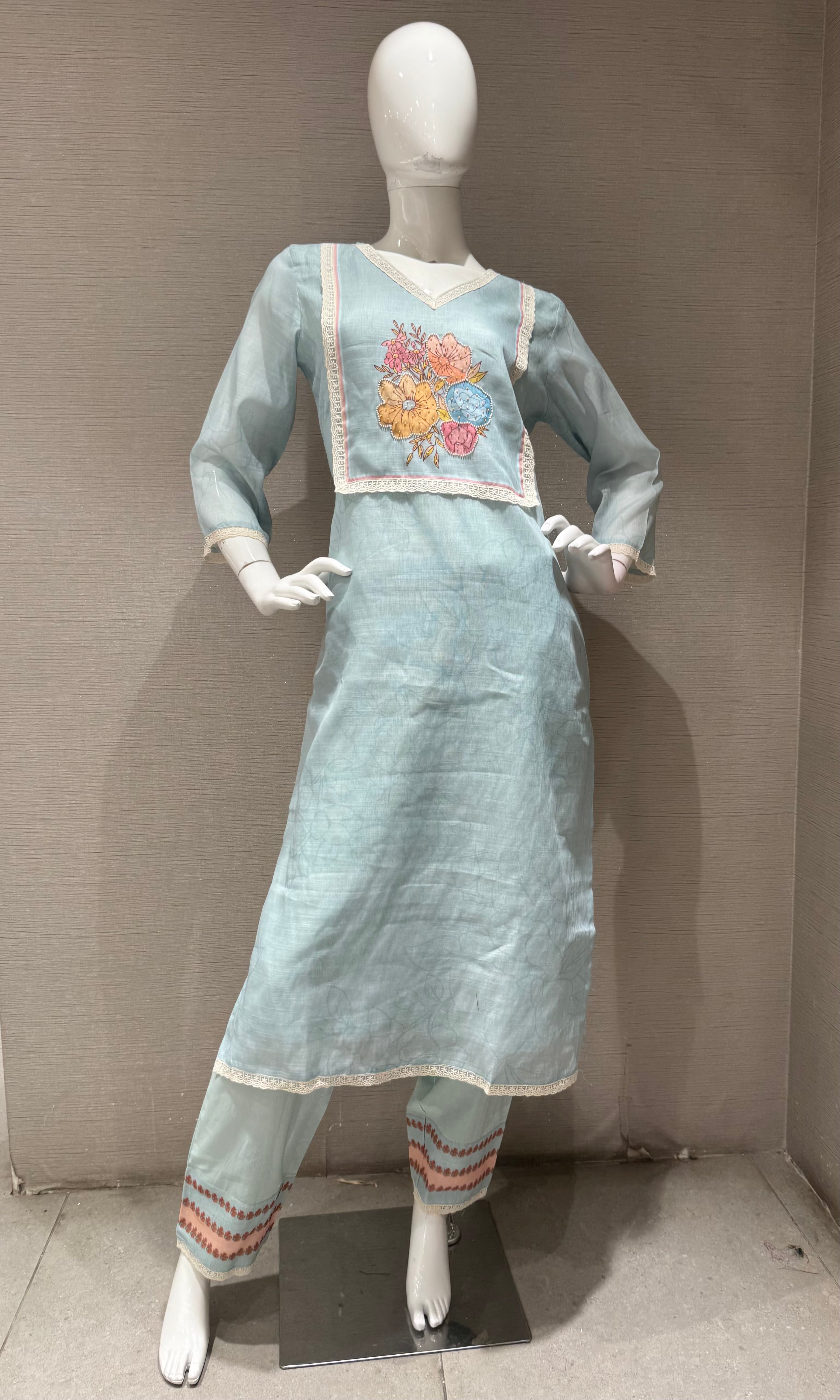 Sky Blue Straight Kurta Set with Multicolor Pastel dupatta