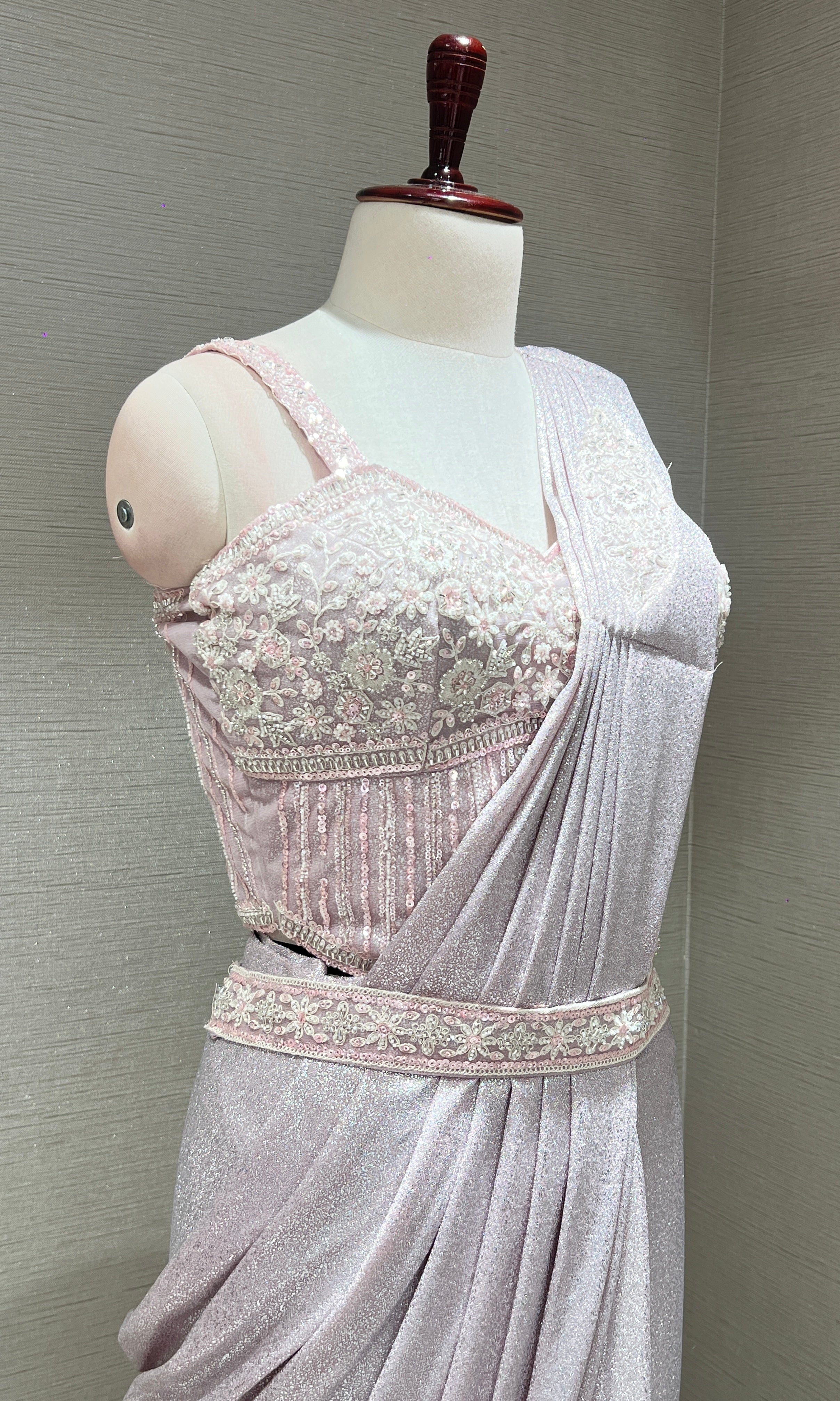 BABY PINK EMBELLISHED DRAPE SAREE WITH BELT