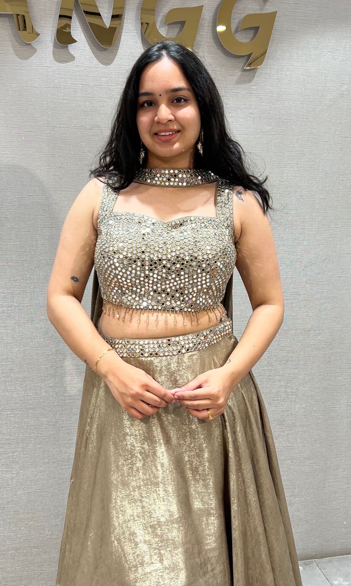 champagne Shimmering Metallic Gold Lehenga Set